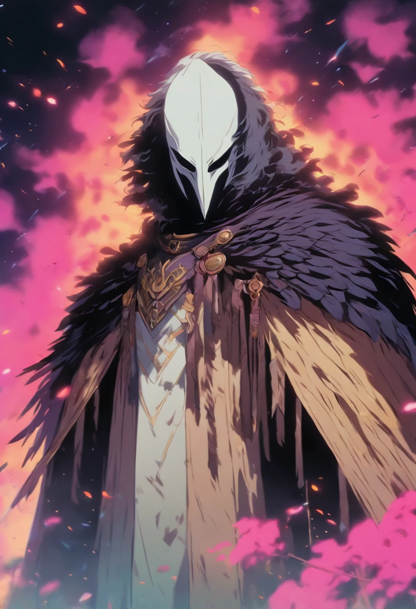 A white mask appears above a cape of raven feathers that completely hides his body. This guy holds a heavy crossbow and his eyes are yellow, contrasting with the night around him. He remains hidden in the shadows and stares at the sky. front, between the shadows, 80s anime still, retro fashion, dungeon and dragons character dark fantasy digital art muted pastel colors, muted retro colors, CRT tv display by Tsukasa Hojo and Toshihiro Kawamoto -