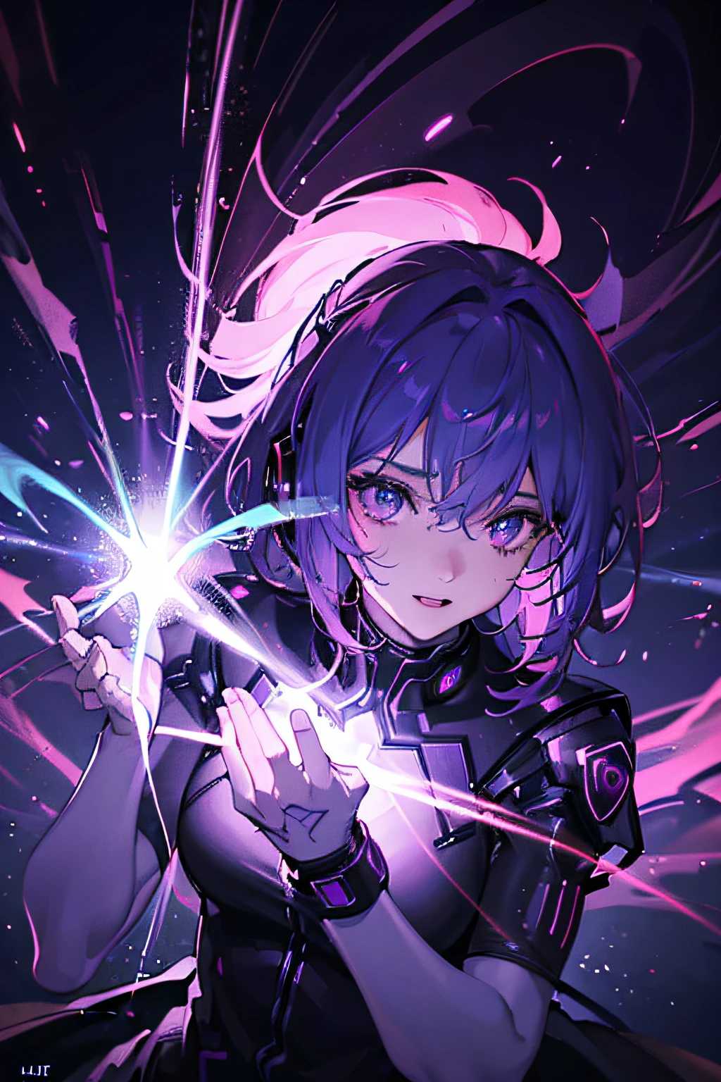 (best quality,ultra-detailed,realistic:1.37),video game character, purple color palette,gaming headset,magic effects,glowing eyes,action pose,studio lighting,tense atmosphere,vibrant colors,abstract background,electric sparks,futuristic style,tech accessories,1character.