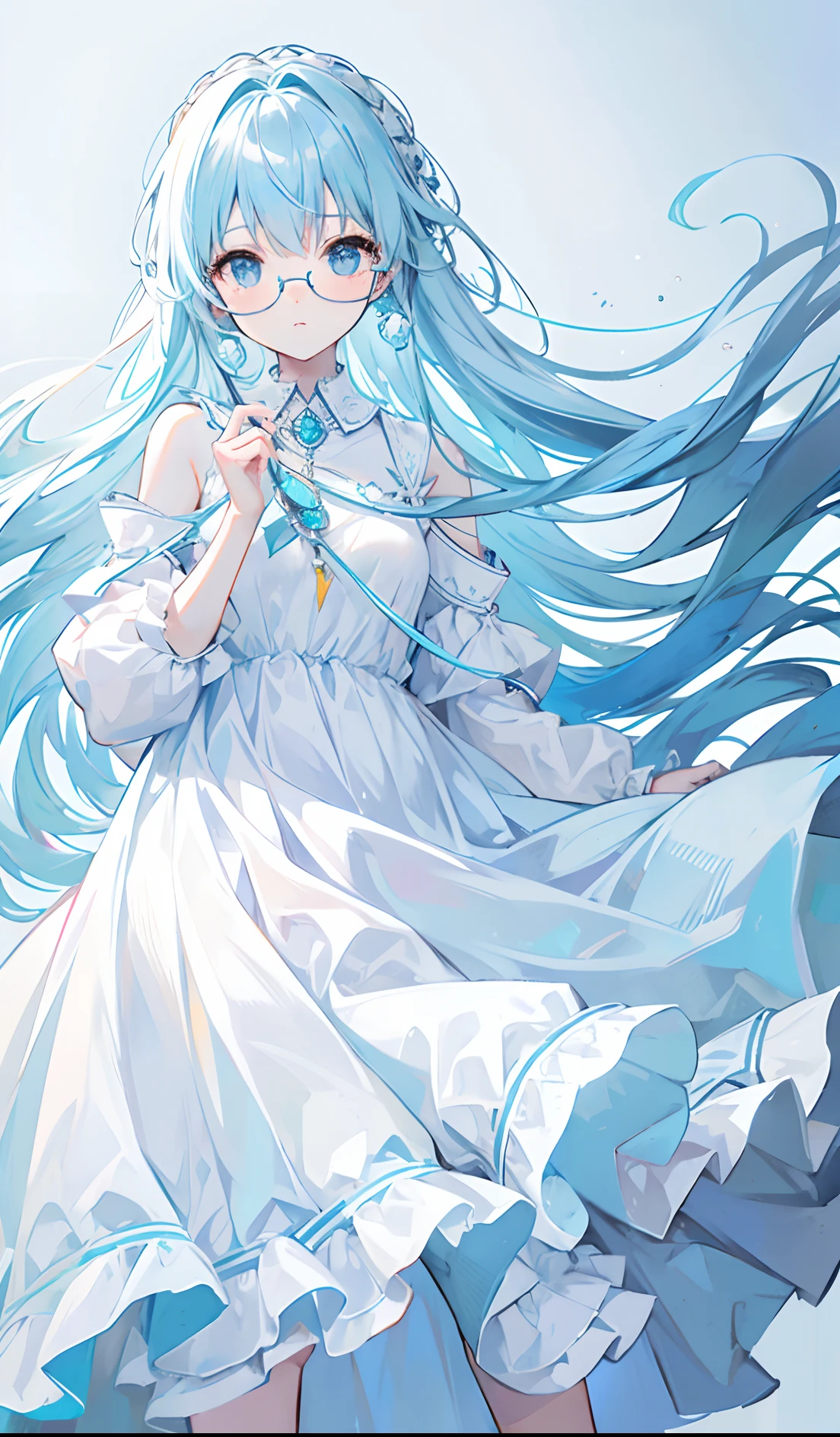 Long light blue hair，White glasses，Various light blue with light yellow princess dresses look a little intellectual and cute, Poor and simple