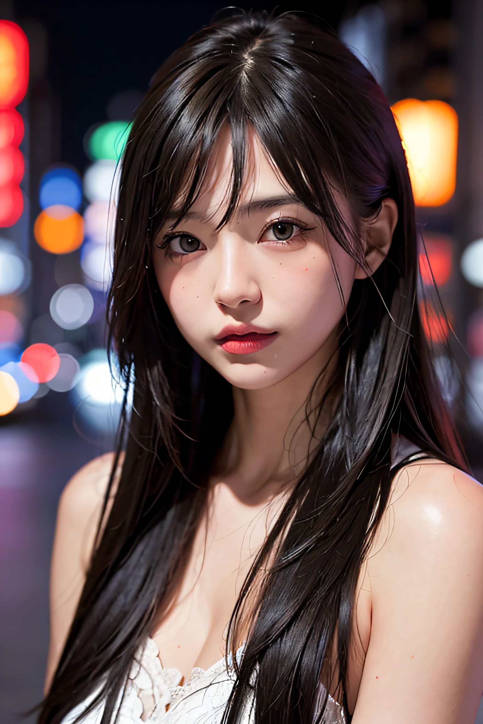 1girl, Tokyo street,night, cityscape,city lights, upper body,close-up, 8k, RAW photo, best quality, masterpiece,realistic, photo-realistic,green