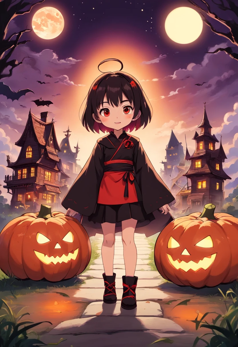 "Produce a spine-tingling Halloween-themed chibi anime artwork that juxtaposes cuteness with horror. Illustrate an adorable male chibi characters dressed as a classic horror icon (e.g., vampire, mummy, or witch) while surrounded by cute, yet spooky, elements like smiling pumpkins with sharp teeth, playful ghosts with a sinister twist, and a moonlit night sky filled with eerie charm." Make clothes have a red and black color theme.