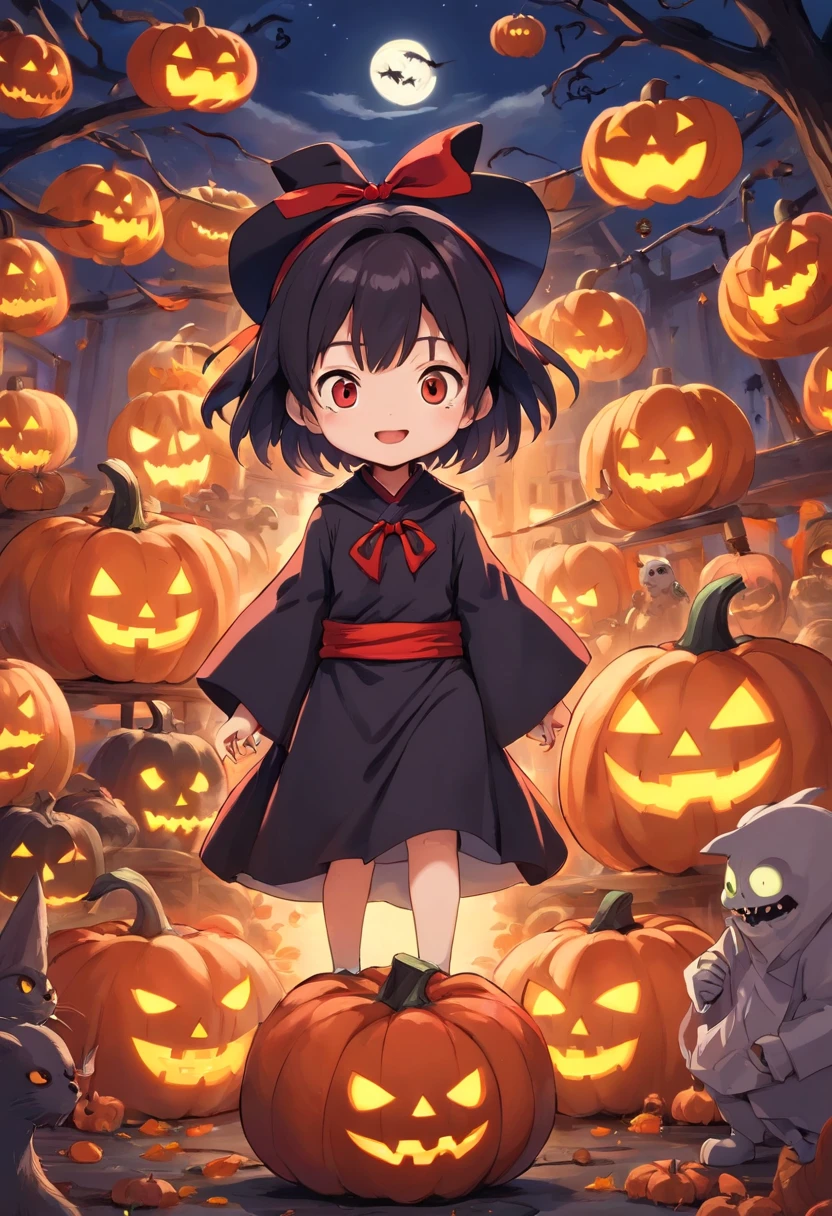 "Produce a spine-tingling Halloween-themed chibi anime artwork that juxtaposes cuteness with horror. Illustrate an adorable male chibi characters dressed as a classic horror icon (e.g., vampire, mummy, or witch) while surrounded by cute, yet spooky, elements like smiling pumpkins with sharp teeth, playful ghosts with a sinister twist, and a moonlit night sky filled with eerie charm." Make clothes have a red and black color theme.