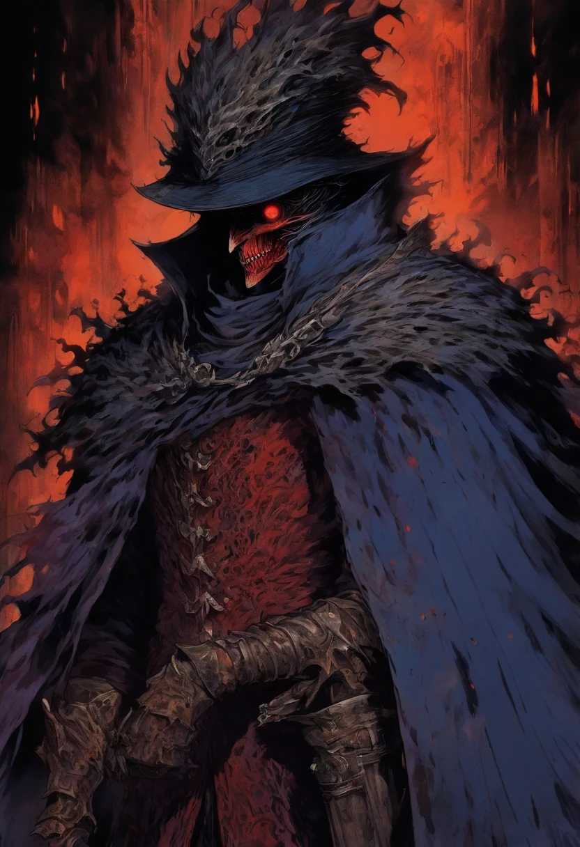 hombre de pelo rojo corto, con un ojo azul y el otro ojo cerrado con una cicatriz, Tiene la barba sombreada, Lleva una larga chaqueta roja, como un cazador de Bloodborne, Lleva una mandoble, has a prosthetic left arm like Guts, It's shrouded in fire, Anime de los 80