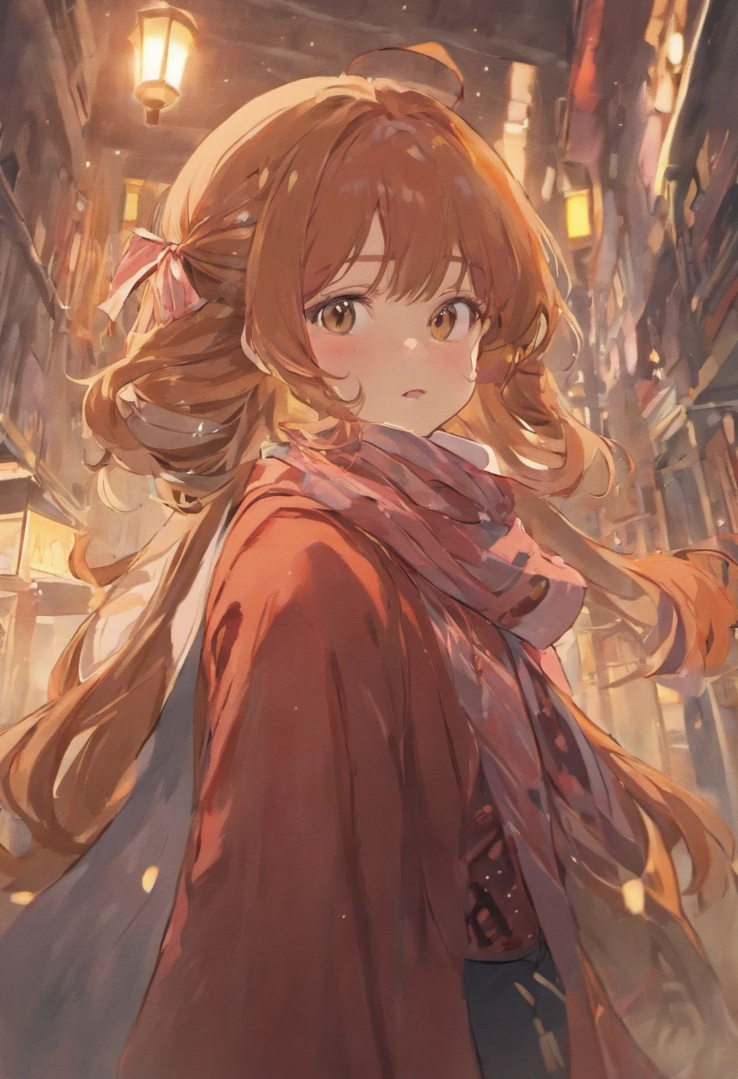 km, 1girl, ascot, blush, bow, brown eyes, brown hair, hair bow, hair tubes, japanese clothes, long hair, mittens, nontraditional miko, one-hour drawing challenge, open mouth, portrait, red bow, red mittens, scarf, sidelocks, Toshokan background, solo, white background, yellow ascot, yellow scarf