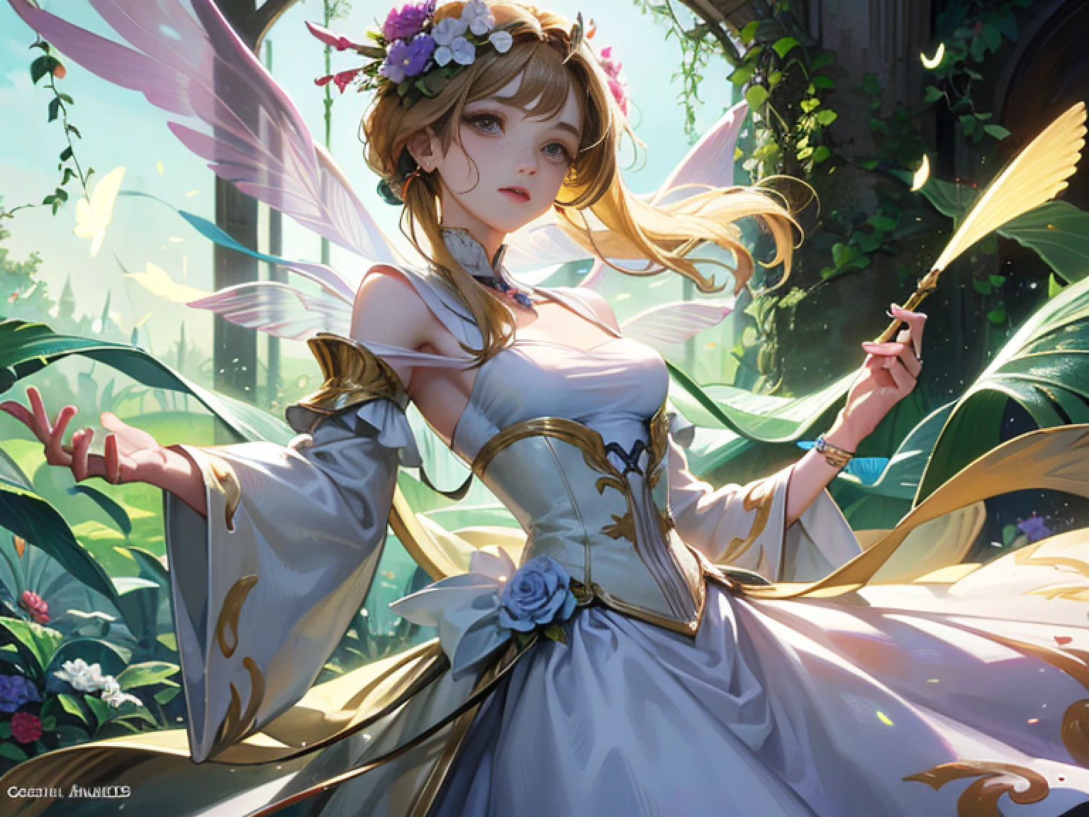 (master part), (melhor qualidade de imagem), 8k, High detail, Super Detalhe, a beautiful and magical flower fairy with delicate features, She holds a magic wand in her hand and is performing magic, emitindo uma luz suave e brilhante, simbolizando seu amor pela magia e sua capacidade de florescer flores e alegria, and flying in the air with translucent wings on his back, flashing a rainbow of bright colors, voando no ar, flying elegantly in the middle of two large flower-covered trees, The background is lush with flowers, His presence fills the room with a charming feeling, casts a charming light on the scene, Her dress is woven of petals and delicate leaves, mistura-se com os elementos naturais do ambiente circundante, His expression is calm, Reflecting your deep connection to nature and the harmonious energy that flows through it, Close-up, Realistic, altamente detalhado e intrincado, The images embody the ethereal nature of the flower fairy, blending his captivating presence with the serene beauty of the natural world
