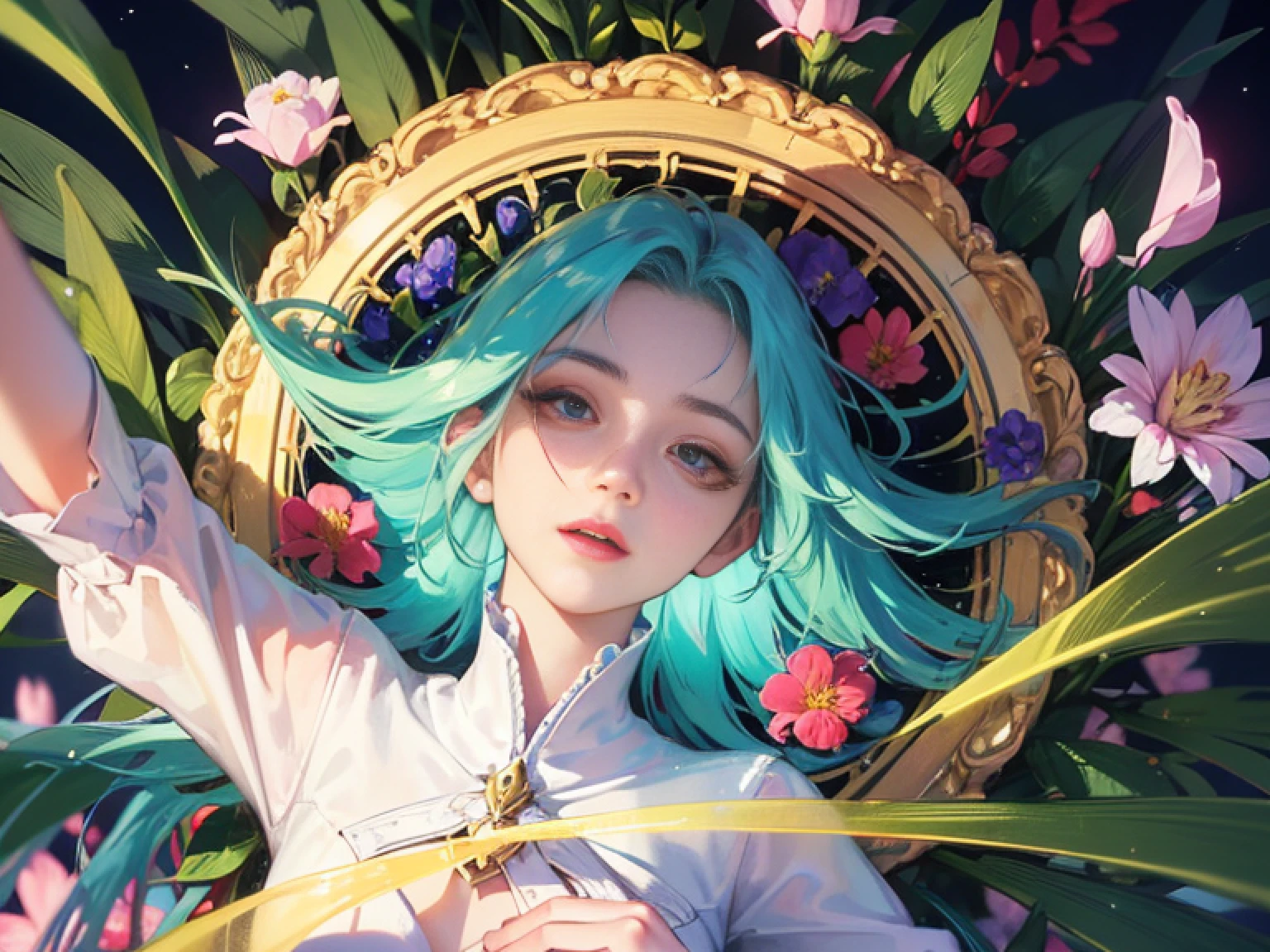 (master part), (melhor qualidade de imagem), 8k, High detail, Super Detalhe, a beautiful and magical flower fairy with delicate features, She holds a magic wand in her hand and is performing magic, emitindo uma luz suave e brilhante, simbolizando seu amor pela magia e sua capacidade de florescer flores e alegria, and flying in the air with translucent wings on his back, flashing a rainbow of bright colors, voando no ar, flying elegantly in the middle of two large flower-covered trees, The background is lush with flowers, His presence fills the room with a charming feeling, casts a charming light on the scene, Her dress is woven of petals and delicate leaves, mistura-se com os elementos naturais do ambiente circundante, His expression is calm, Reflecting your deep connection to nature and the harmonious energy that flows through it, Close-up, Realistic, altamente detalhado e intrincado, The images embody the ethereal nature of the flower fairy, blending his captivating presence with the serene beauty of the natural world