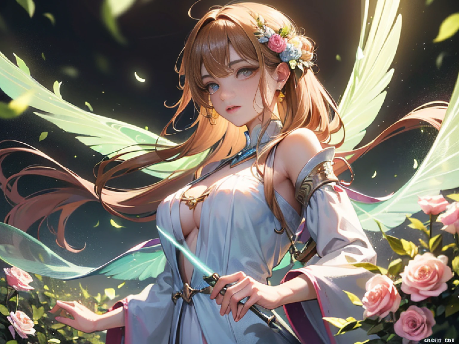 (master part), (melhor qualidade de imagem), 8k, High detail, Super Detalhe, a beautiful and magical flower fairy with delicate features, She holds a magic wand in her hand and is performing magic, emitindo uma luz suave e brilhante, simbolizando seu amor pela magia e sua capacidade de florescer flores e alegria, and flying in the air with translucent wings on his back, flashing a rainbow of bright colors, voando no ar, flying elegantly in the middle of two large flower-covered trees, The background is lush with flowers, His presence fills the room with a charming feeling, casts a charming light on the scene, Her dress is woven of petals and delicate leaves, mistura-se com os elementos naturais do ambiente circundante, His expression is calm, Reflecting your deep connection to nature and the harmonious energy that flows through it, Close-up, Realistic, altamente detalhado e intrincado, The images embody the ethereal nature of the flower fairy, blending his captivating presence with the serene beauty of the natural world