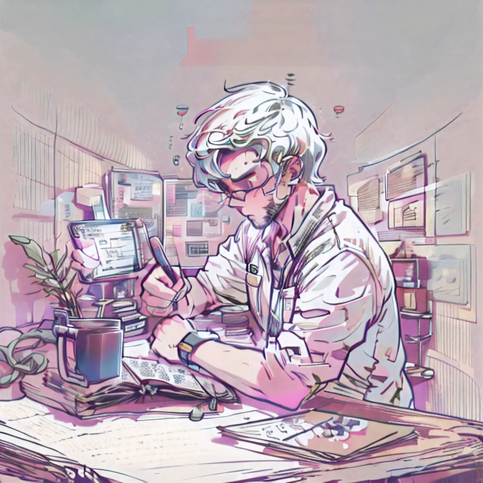 crie uma arte estilo lofi, com um homem branco sentado a mesa estudando, rosto com sombras, sentado de lado para o espectador, olhar fixo nos estudos, segurando um caderno apoiado sobre a mesa, 2D, Lofi, detalhes, obra prima, 4k, papel de parede