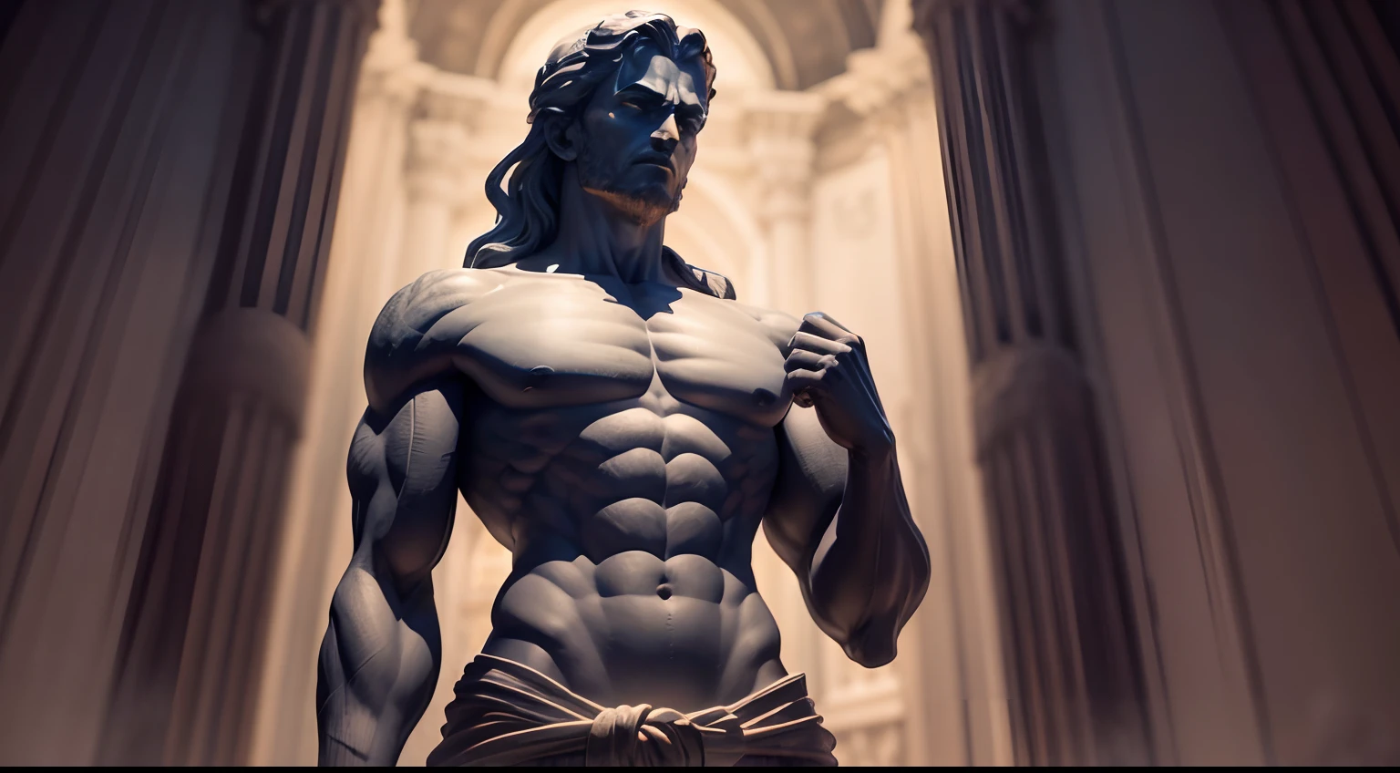 Stoic statue, with an expression of anger, usando manto e tunica longo sobre todo o corpo, Noite escura, ao ceu aberto, 35 mm, lateralmente, Filmado em Sony A7S III com Sony FE 35mm f/1.8, 12.1 MP, --AR 3:2 --estilo cru