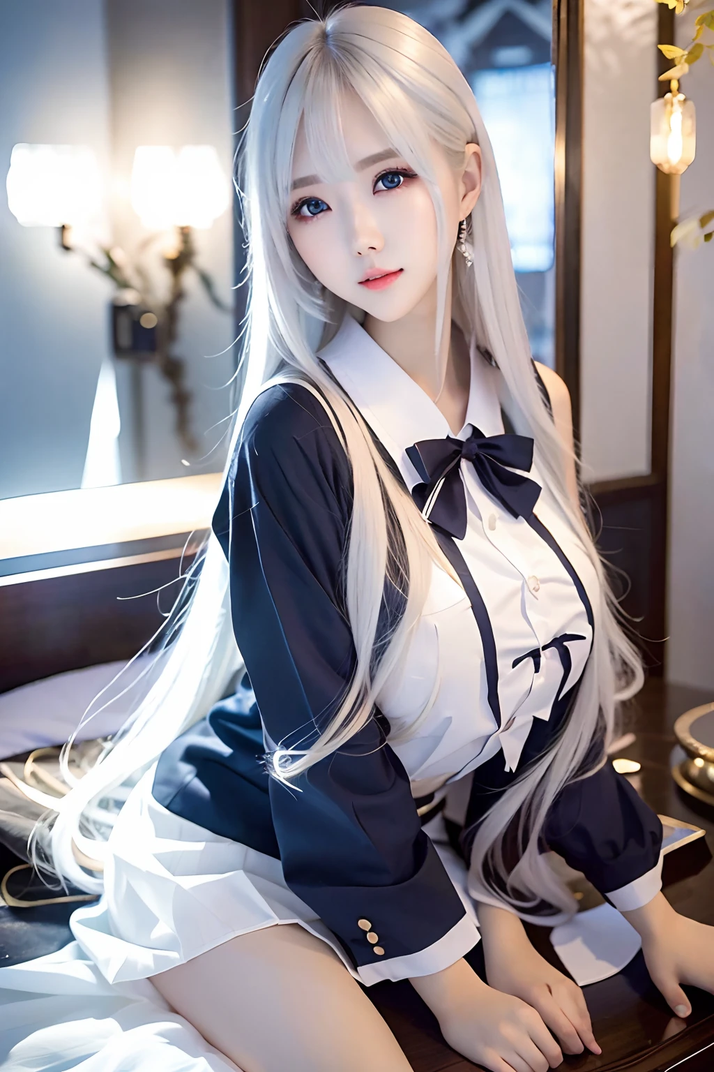 Single girl, school uniform, blue sky, bright and very beautiful face, young and shiny white shiny skin, best good looks, blonde hair with dazzling reflection of light, beautiful platinum blonde super long silky straight hair shiny shiny, long bangs, tremendously beautiful , big eyes that shine transparent light blue, beautiful wonderful beautiful girl