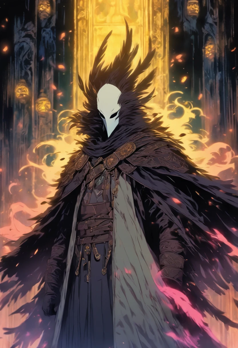 A white mask appears over a cloak of raven feathers that completely conceals his body. This guy is holding a heavy crossbow and his eyes are yellow, contrasting with the night around him. He remains hidden in the shadows. He dresses completely in black and the only thing you can see is his white mask and his deep yellow eyes. 80s anime still, retro fashion, dungeon and dragons character dark fantasy digital art muted pastel colors, muted retro colors, CRT tv display by Tsukasa Hojo and Toshihiro Kawamoto -