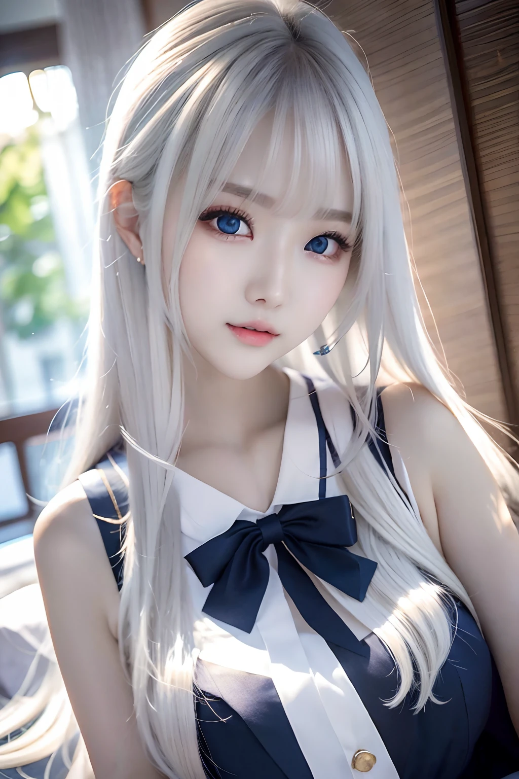 Single girl, school uniform, blue sky, bright and very beautiful face, young and shiny white shiny skin, best good looks, blonde hair with dazzling reflection of light, beautiful platinum blonde super long silky straight hair shiny shiny, long bangs, tremendously beautiful , big eyes that shine transparent light blue, beautiful wonderful beautiful girl