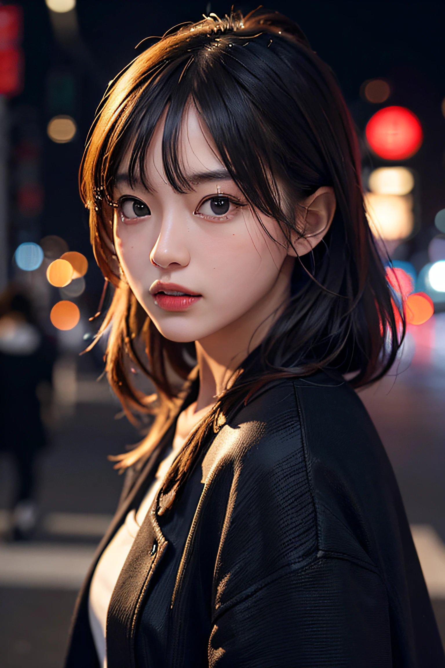 1girl, Tokyo street,night, cityscape,city lights, upper body,close-up, 8k, RAW photo, best quality, masterpiece,realistic, photo-realistic,