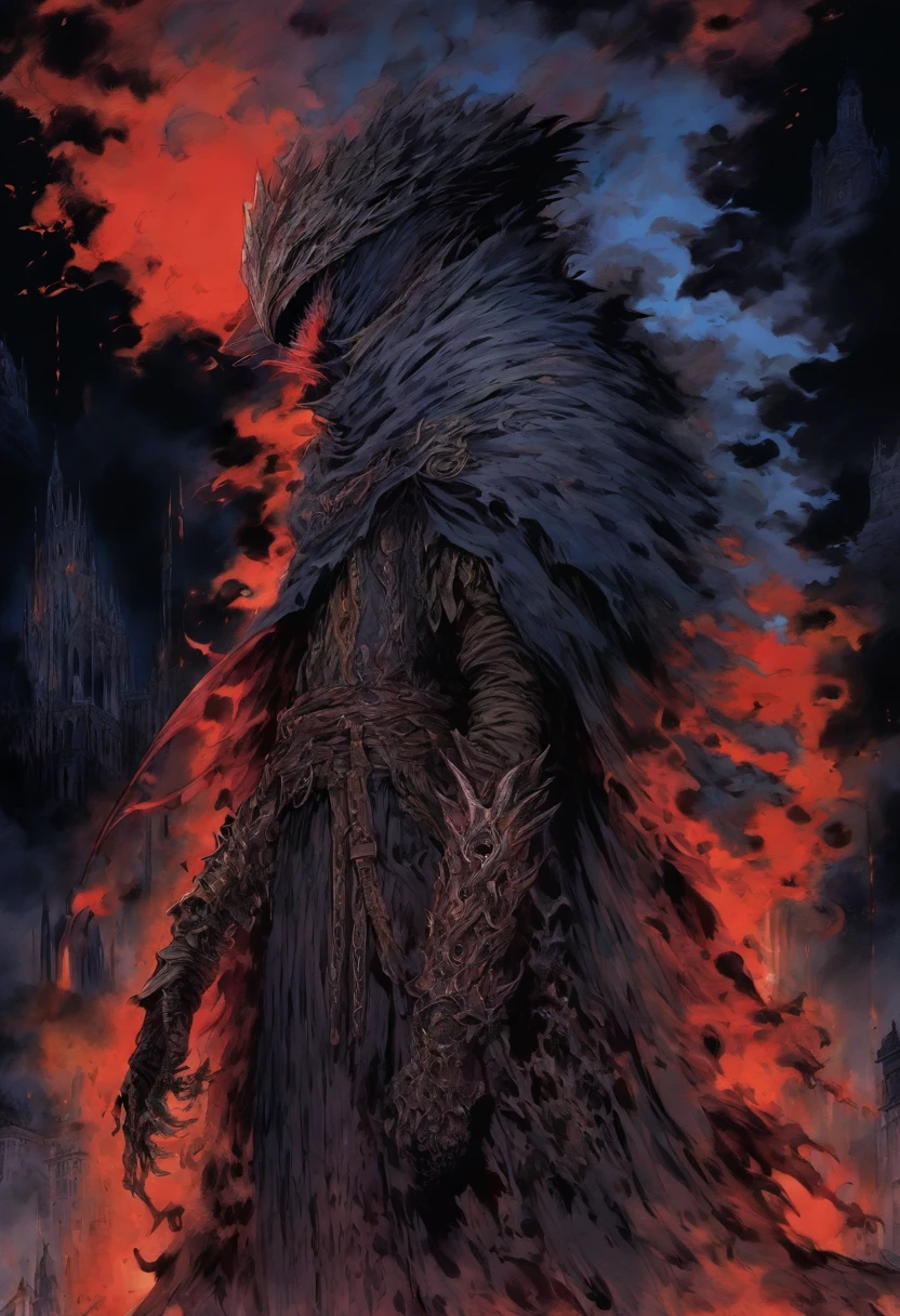 hombre humano de pelo rojo corto, con un ojo azul y el otro ojo cerrado con una cicatriz, Tiene la barba sombreada, Lleva una larga chaqueta roja, como un cazador de Bloodborne, Lleva una mandoble, has a prosthetic left arm like Guts, It's shrouded in fire, Anime de los 80