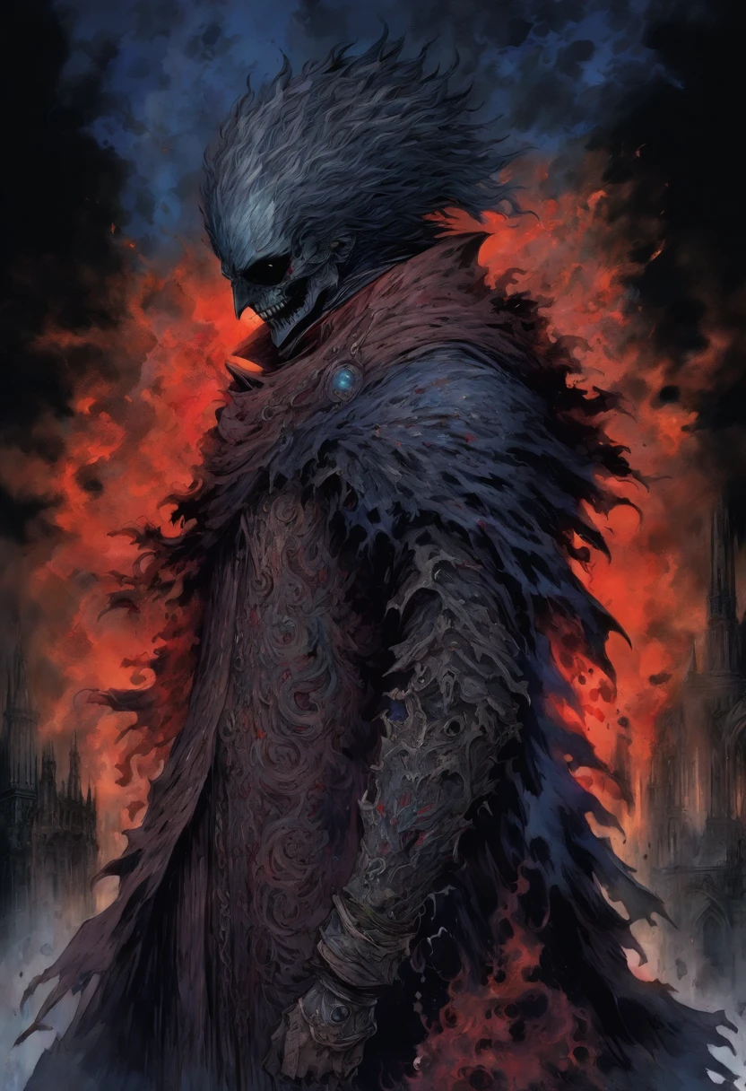 hombre humano de pelo rojo corto, con un ojo azul y el otro ojo cerrado con una cicatriz, Tiene la barba sombreada, Lleva una larga chaqueta roja, como un cazador de Bloodborne, Lleva una mandoble, has a prosthetic left arm like Guts, It's shrouded in fire, Anime de los 80