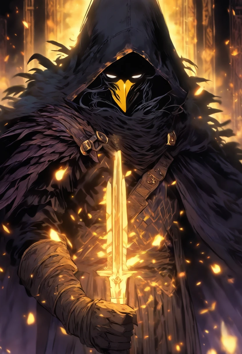 A white mask appears over a cloak of raven feathers that completely conceals his body. This guy is holding a heavy crossbow and his eyes are yellow, contrasting with the night around him. He remains hidden in the shadows. He dresses completely in black and the only thing you can see is his white mask hidden under his hood and his deep yellow eyes. 80s anime still, retro fashion, dungeon and dragons character dark fantasy digital art muted colors, muted retro colors