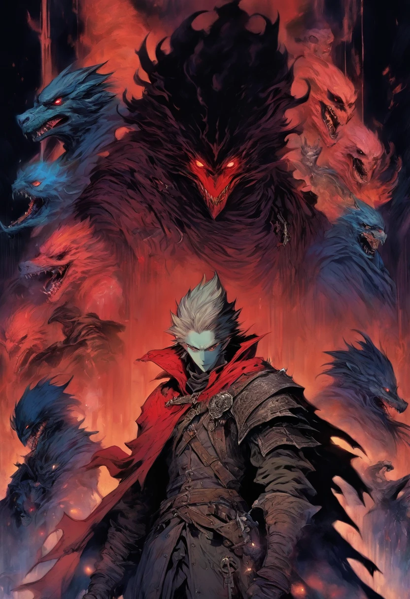red-short-haired man, with one blue eye and the other eye closed with a scar, he has faded beard, he wears a long red jacket, like a Bloodborne hunter, on his back he carries a greatsword, he has a prosthetic left arm like Guts, He is facing creatures of the night like a vampire hunter, 80s anime still, retro fashion, dungeon and dragons character dark fantasy digital art muted pastel colors, muted retro colors, CRT tv display by Tsukasa Hojo and Toshihiro Kawamoto -