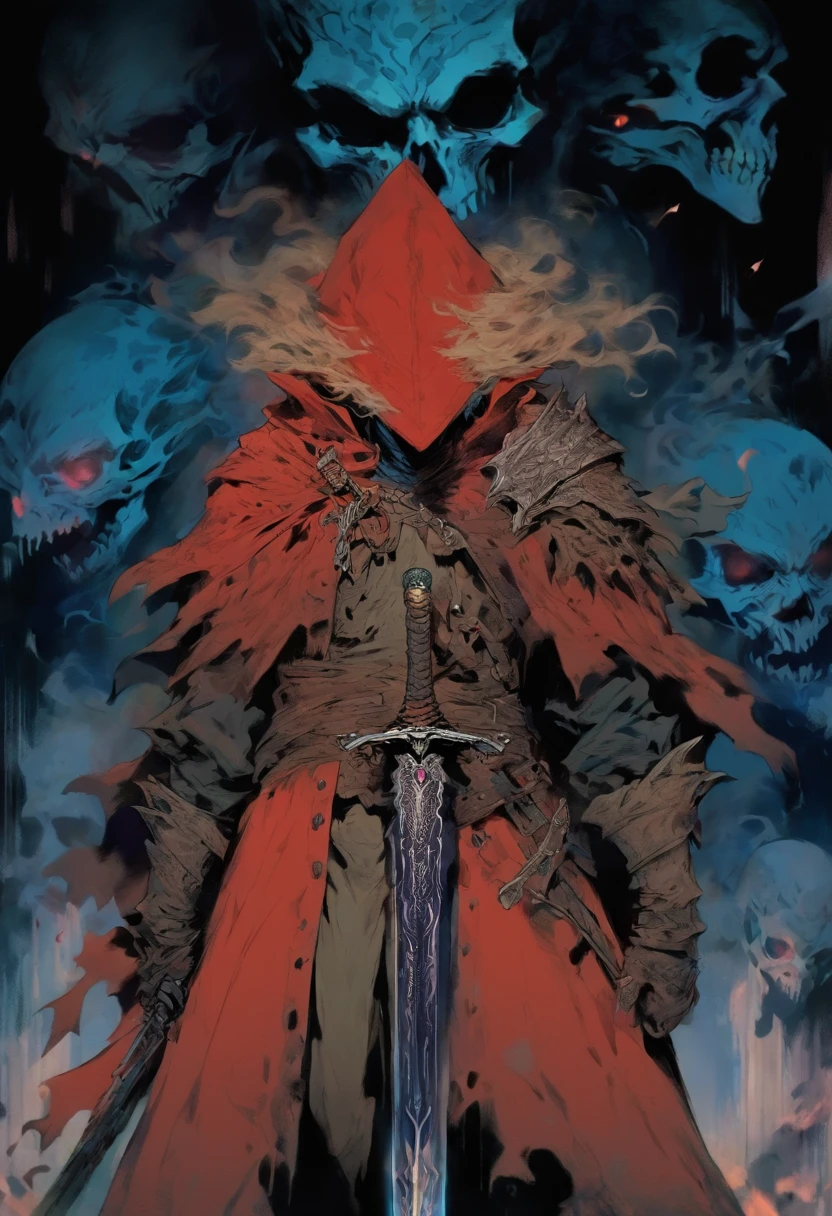 red-short-haired man, with one blue eye and the other eye closed with a scar, he has faded beard, he wears a long red jacket, like a Bloodborne hunter, on his back he carries a greatsword, he has a prosthetic left arm like Guts, He is facing creatures of the night like a vampire hunter, 80s anime still, retro fashion, dungeon and dragons character dark fantasy digital art muted pastel colors, muted retro colors, CRT tv display by Tsukasa Hojo and Toshihiro Kawamoto -