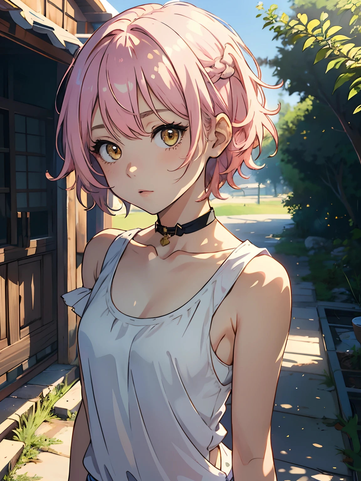 ((masterpiece, best quality)), (1girl, anime girl in medieval style),(loli, little girl,), (solo), (female focus), (pink hair, messy hair, short hair),yellow eyes, ((exposed shoulder, tank top)) , shy, portraits, close up, upper body, vibrant colors, soft lighting, looking straight forward