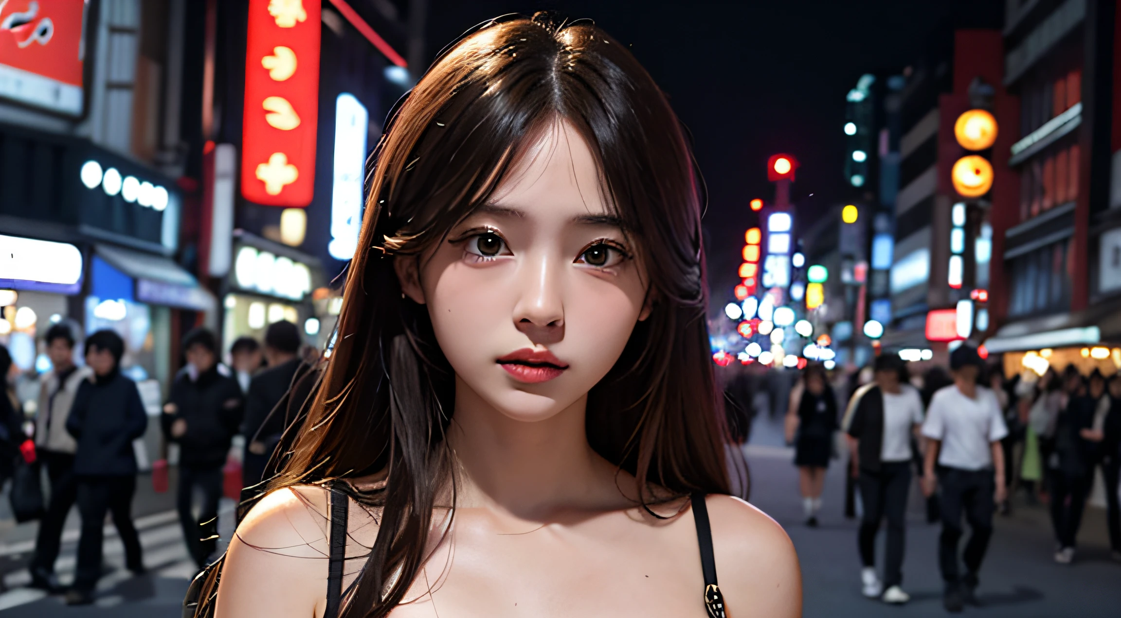 1girl, Tokyo street,night, cityscape,city lights, upper body,close-up, 8k, RAW photo, best quality, masterpiece,realistic, photo-realistic,