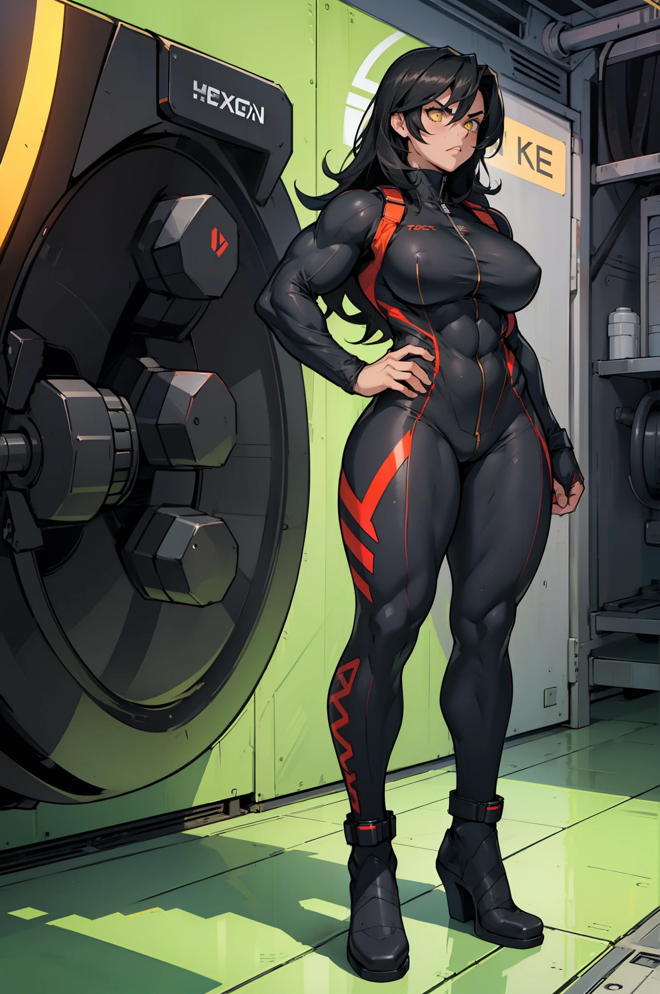 (((((muscular 1 girl))))) thick thighs huge breasts wide hips curvy toned body (angry) yellow eyes black hair very long hair pale skin solo (bodysuit) pilot suit ((full body))