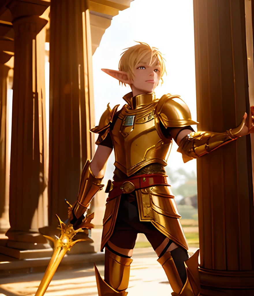 1 boy, a young elf paladin, fully dressed in armor with gold details, with a fire sword, in an Egyptian temple, D&amp;D, masterpiece, best quality, high contrast, soft lighting, backlighting, blooming, light sparkles, chromatic aberration, smooth, sharp focus, rosto bonito