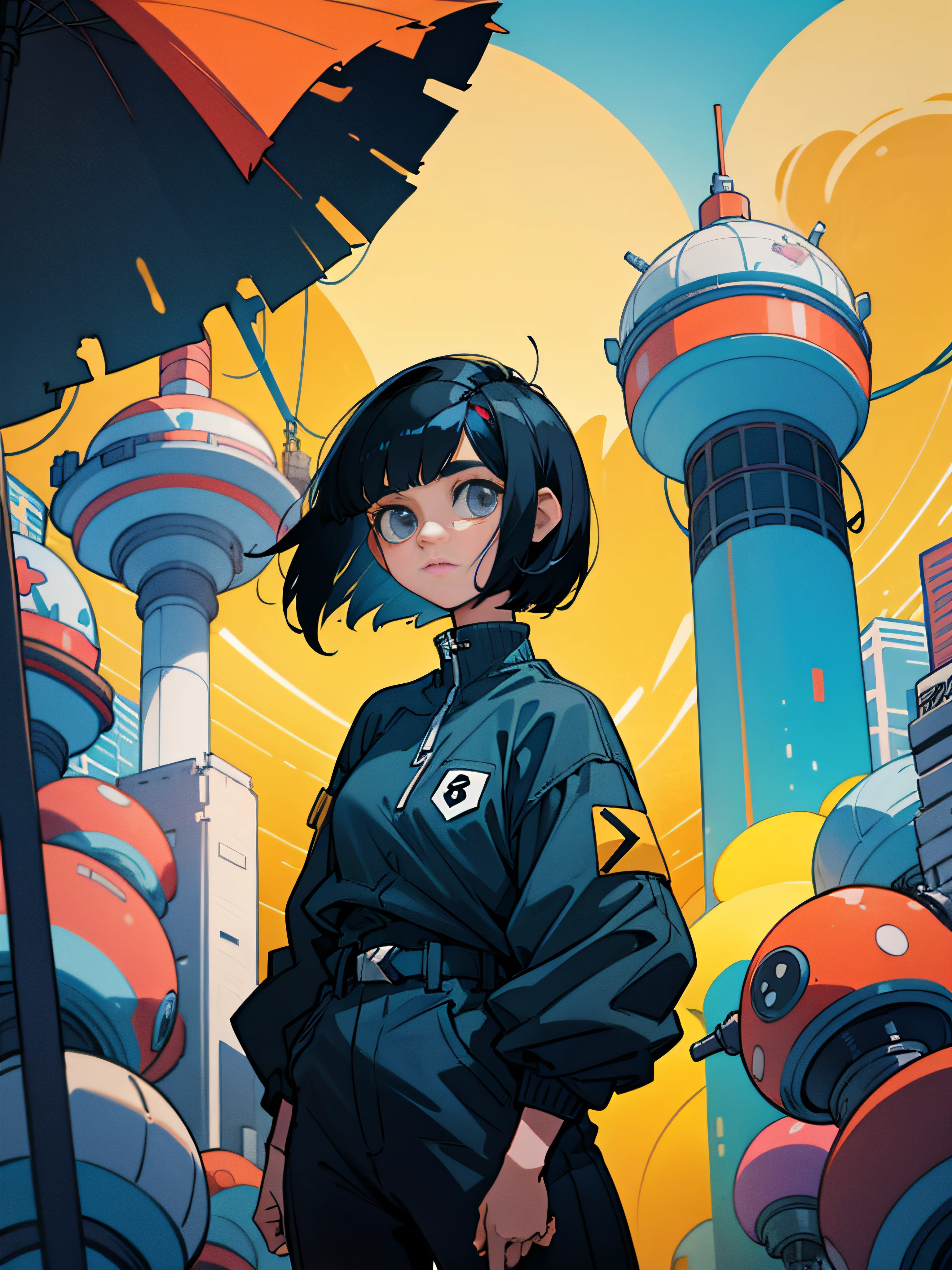 Black Hair Short Bob20A woman is in a city of the near future in retro clothes