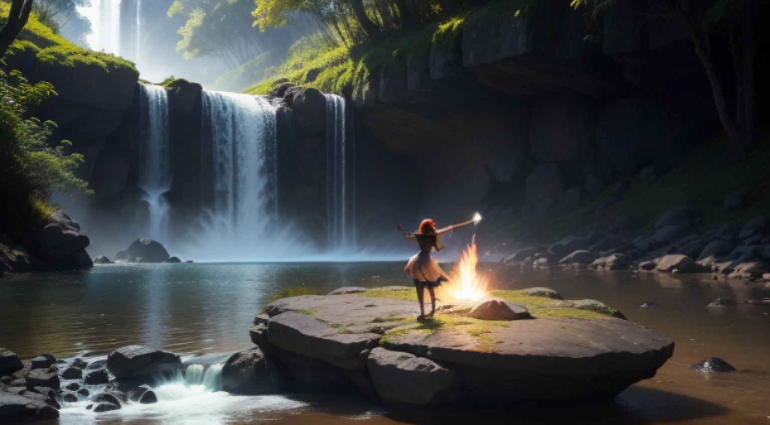 Uma imagem cativante de um item incomum, representing a vivid, imagem incomum do objeto sob a luz do sol. The blade of the sword is bright and vibrant, criando um ambiente acolhedor, Ethereal glow on the stone floor. A fiery mane twirls gracefully around the blade, mostrando seu poder. In the background, a small waterfall of waterfalls, fundindo um quente, brilho dourado em cena. Ampla abertura, Pouca luz, macro