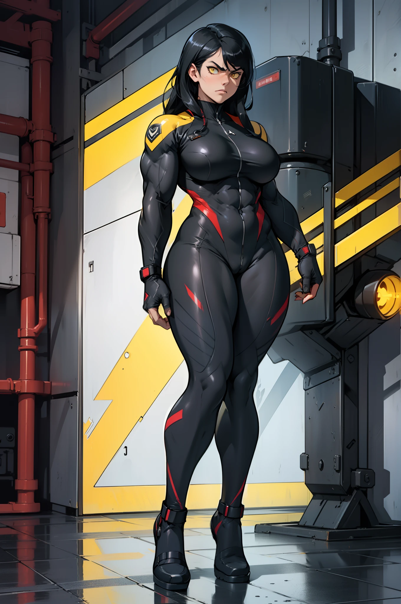 (((((muscular 1 girl))))) thick thighs huge breasts wide hips curvy toned body (angry) yellow eyes black hair very long hair pale skin solo (bodysuit) pilot suit ((full body))