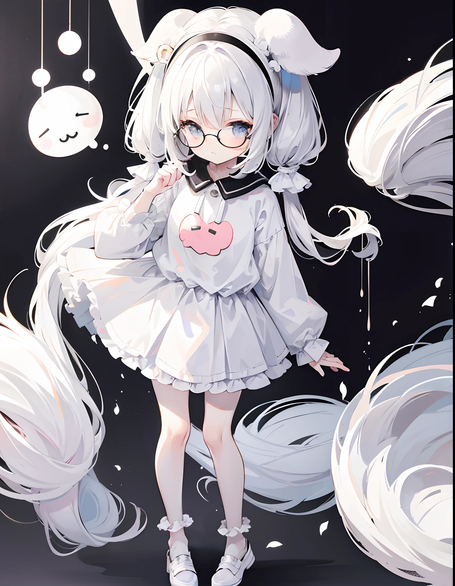 Milky white pigtails,With a petite figure,Slender little loli,Soft and soft clothes in black and white,With cute round glasses,Moe,Super childish and cute