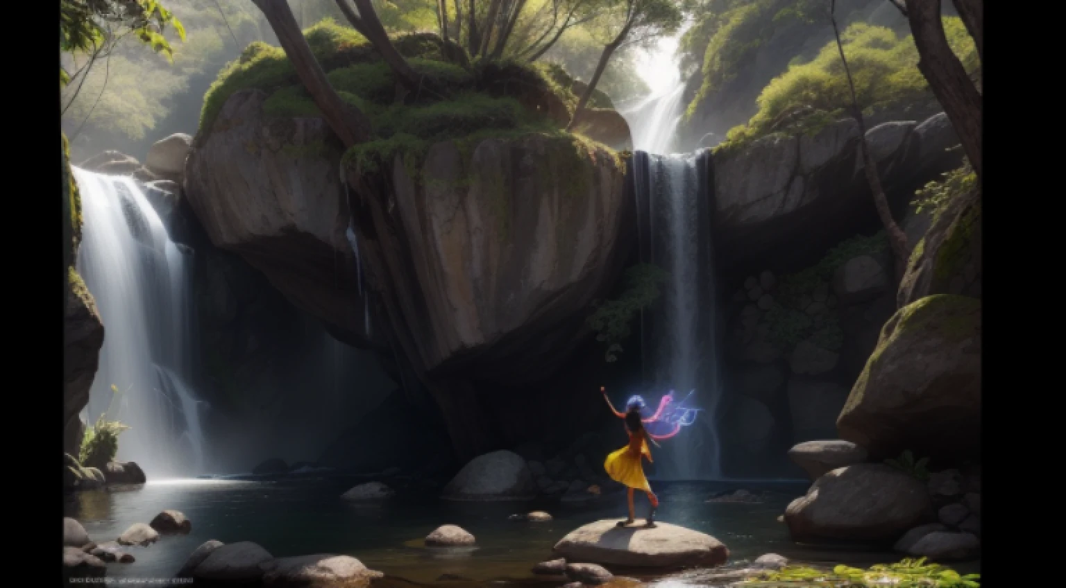 Uma imagem cativante de um item incomum, representing a vivid, imagem incomum do objeto sob a luz do sol. The blade of the sword is bright and vibrant, criando um ambiente acolhedor, Ethereal glow on the stone floor. A fiery mane twirls gracefully around the blade, mostrando seu poder. In the background, a small waterfall of waterfalls, fundindo um quente, brilho dourado em cena. Ampla abertura, Pouca luz, macro