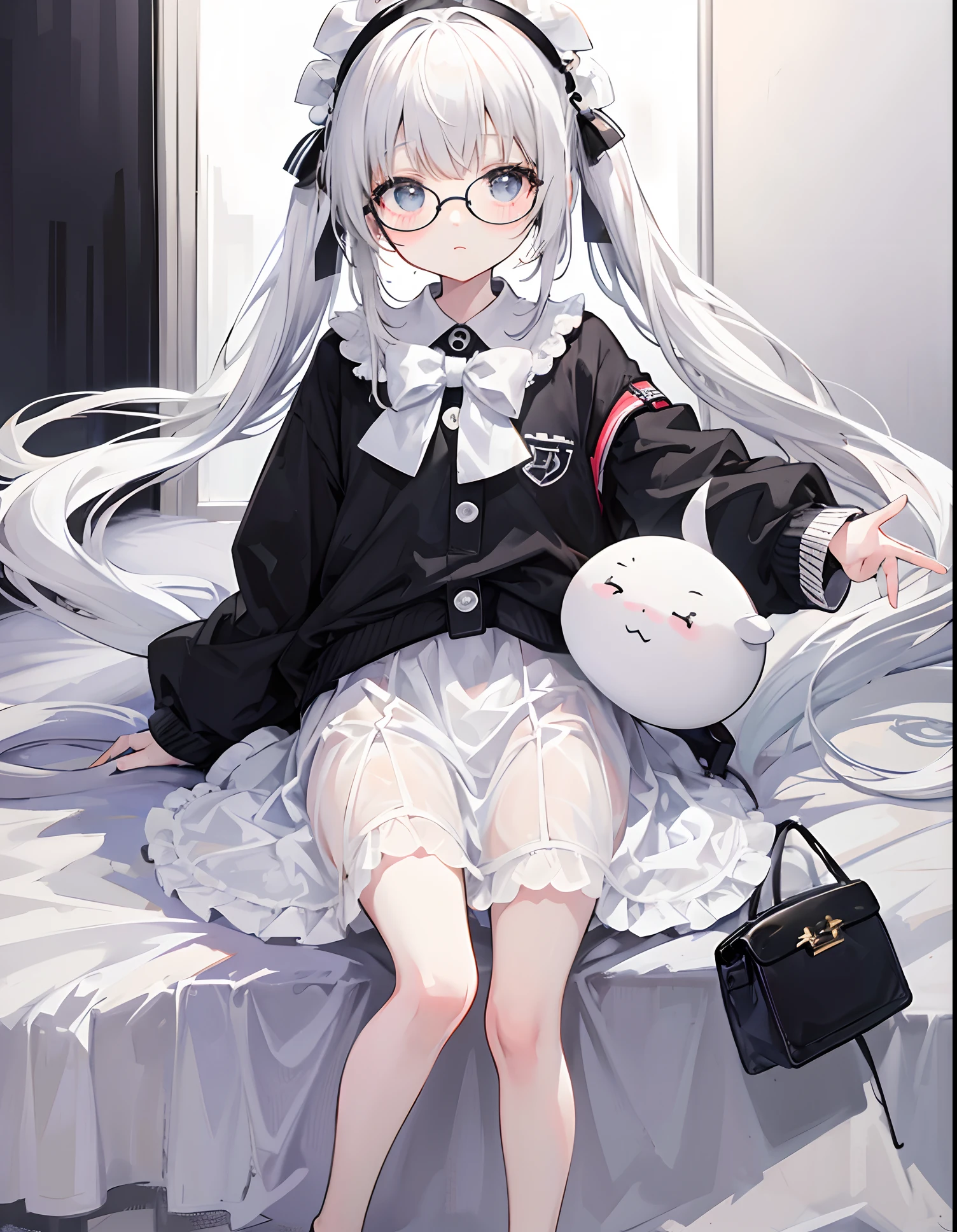 Milky white pigtails，With a petite figure，Slender little loli，Soft and soft clothes in black and white，With cute round glasses，Moe，Super childish and cute