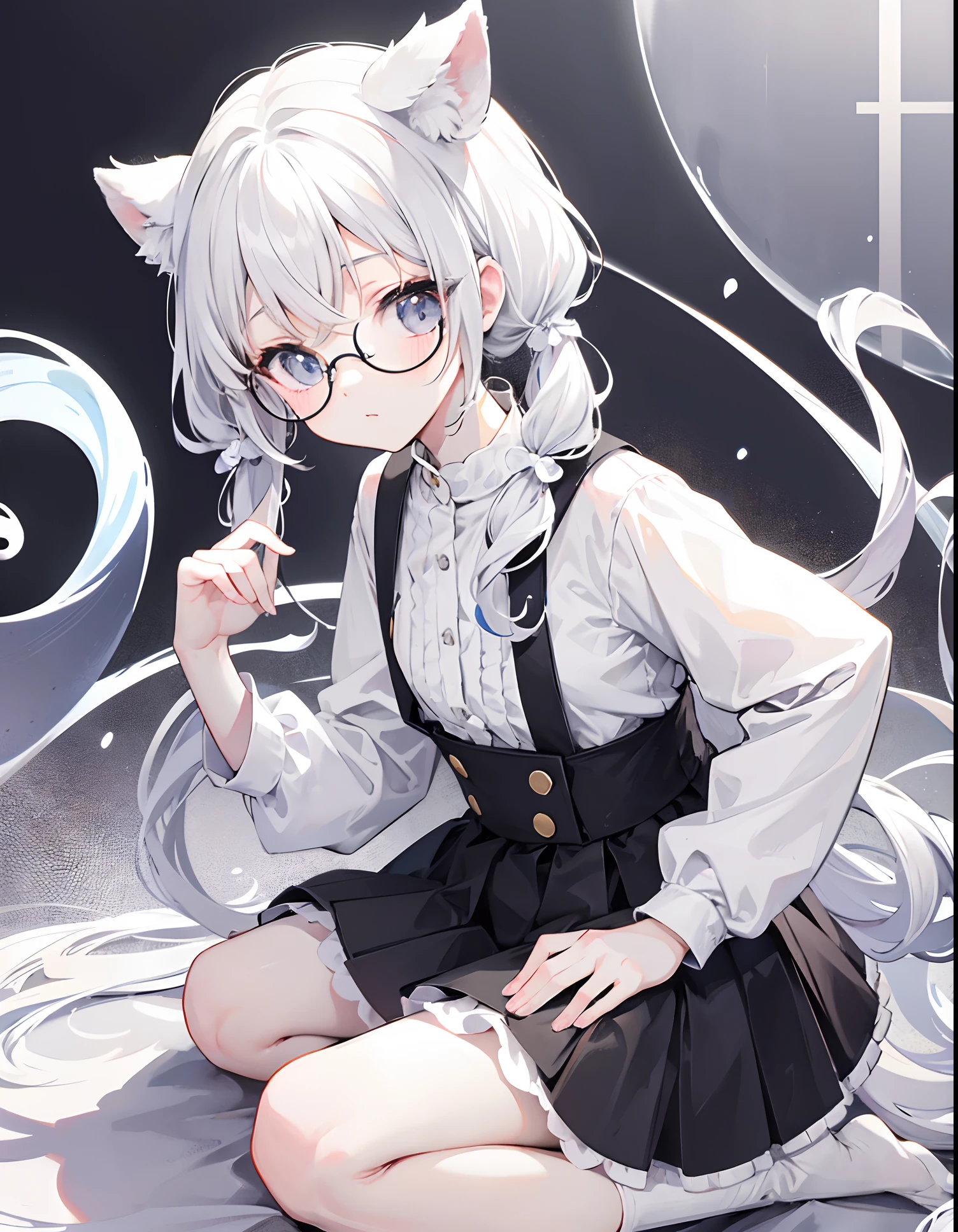 Milky white pigtails，With a petite figure，Slender little loli，Soft and soft clothes in black and white，With cute round glasses，Moe，Super childish and cute