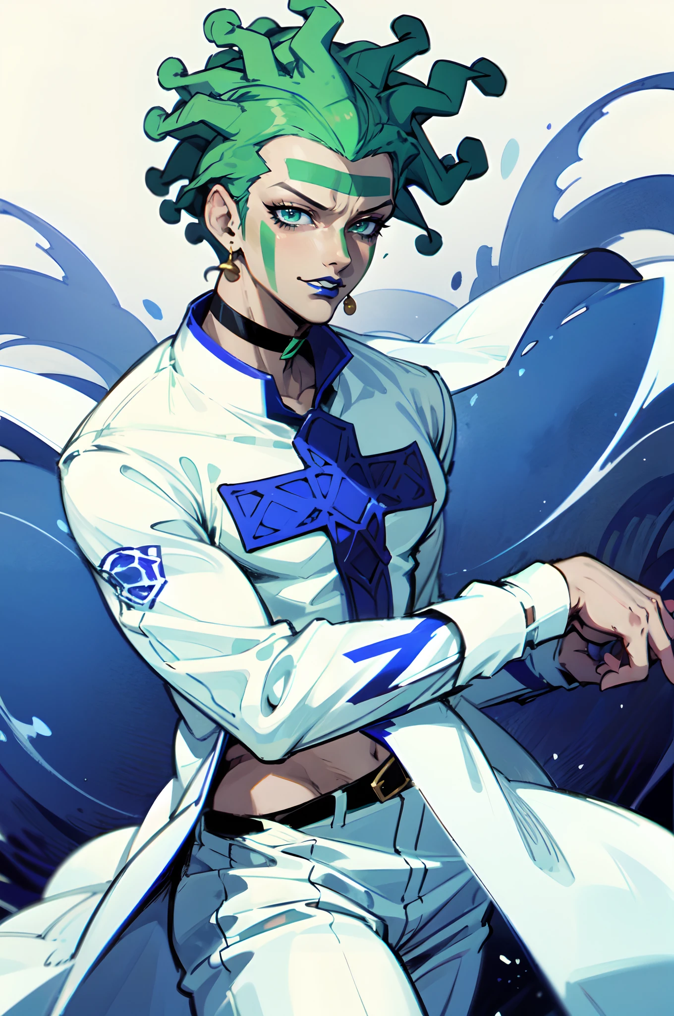 Cioccolata, white pants, white overcoat, green hair, green eyes, blue lipstick, ((green face makeup)), 1boy, solo, male focus, cowboy shot, black choker