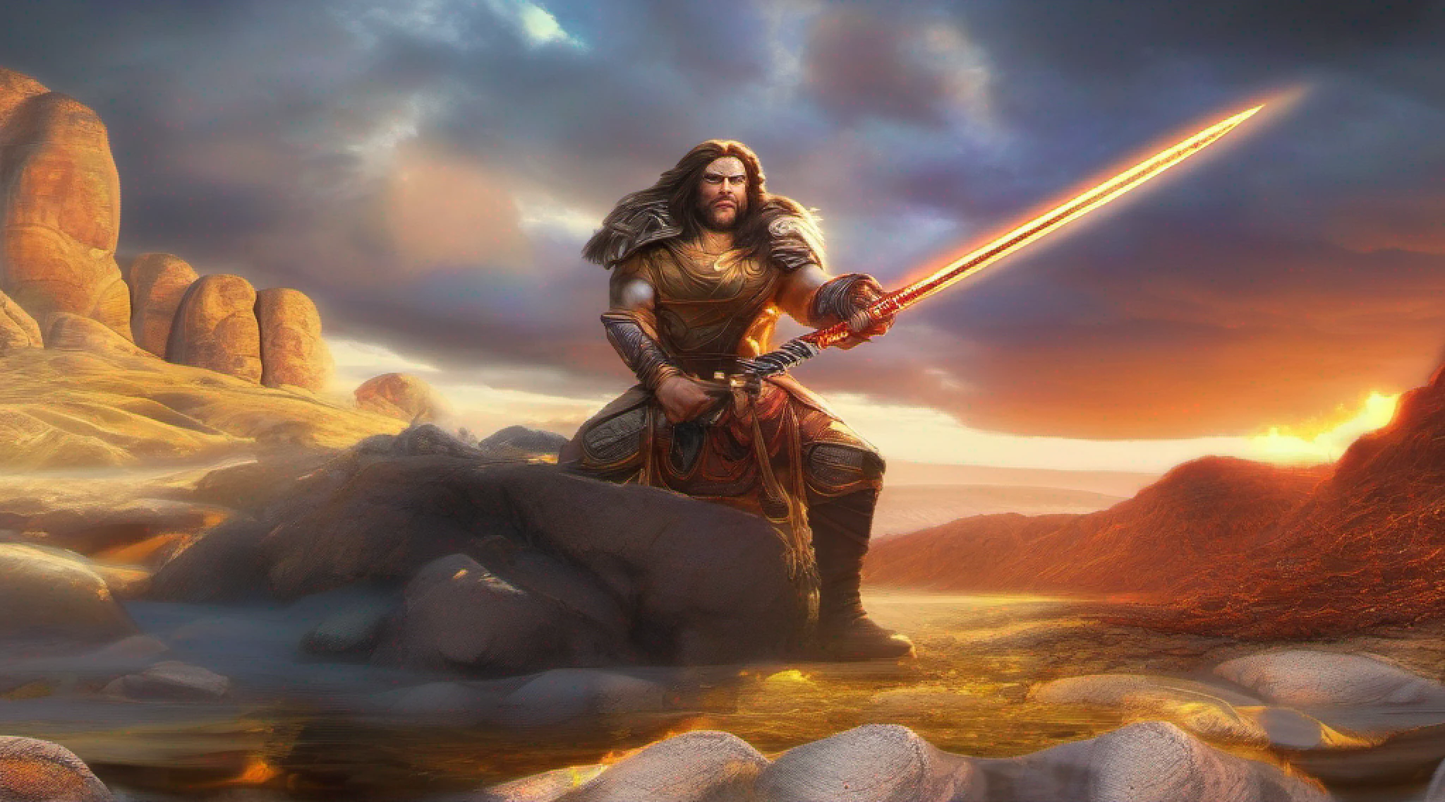Uma imagem cativante de um item incomum, representing a vivid, imagem incomum do objeto sob a luz do sol. The blade of the sword is bright and vibrant, criando um ambiente acolhedor, Ethereal glow on the stone floor. A fiery mane twirls gracefully around the blade, mostrando seu poder. In the background, a small waterfall of waterfalls, fundindo um quente, brilho dourado em cena. Ampla abertura, Pouca luz, macro