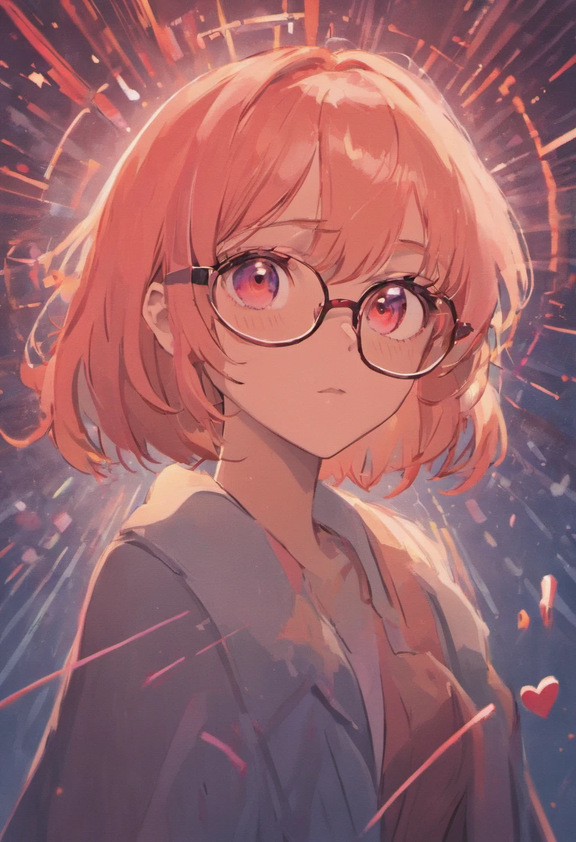 There is a woman with glasses and a necklace with a heart, inspirado por Ion Andreescu, inspirado em Elsa Bleda, No Estillo Petra Collins, Simsbo, wear prescription glasses, thick glasses, cabelos longos e molhados pingando, with square glasses, thick, red lips, solo portrait 🎨🖌️,Vento do porto