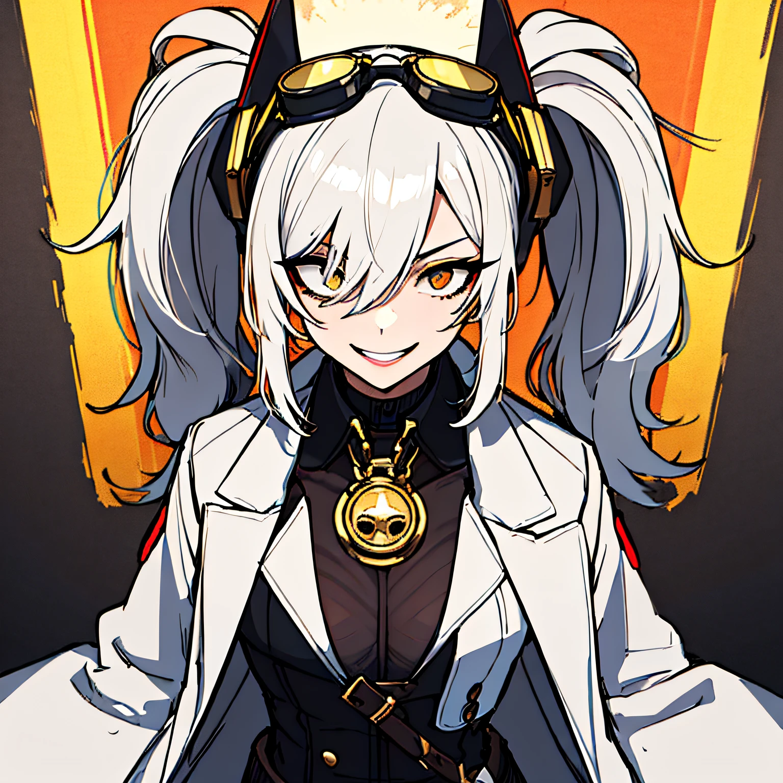 (absurdres, 8k, 4k, masterpiece, hyper extreme detailed:1.2), solo, 1girl, front view, perfect face, 1girl, portrait, expressive eyes, solo, standing, Female, girl with goggles and a chain around her neck, cyber goggles, victorian goggles, round goggles, goggles, cyberpunk monocle!, goggle eyes, steampunk googles, steampunk goggles, wearing victorian brass goggles, weak, female, small breasts, pale, cream colored hair, long hair, gold eyes, swept bangs, slim, slender, intelligent, genius, mad scientist, twin tails, Inventor, confident, perfect anatomy, futuristic, fingerless gloves, chest harness, pervert, half body, lab coat, belts, crazy face, crazy eyes, crazy smile, 1girl, futuristic, labcoat, white hair, mature, adult, attractive, skirt, hologram, monocle, wide smile, jovial, poofy twin tails, big hair, tesla coil, evil. criminal, shaded face, shadow over eyes, insane, scary, menacing, malicious, shadows, nighttime, experiment,