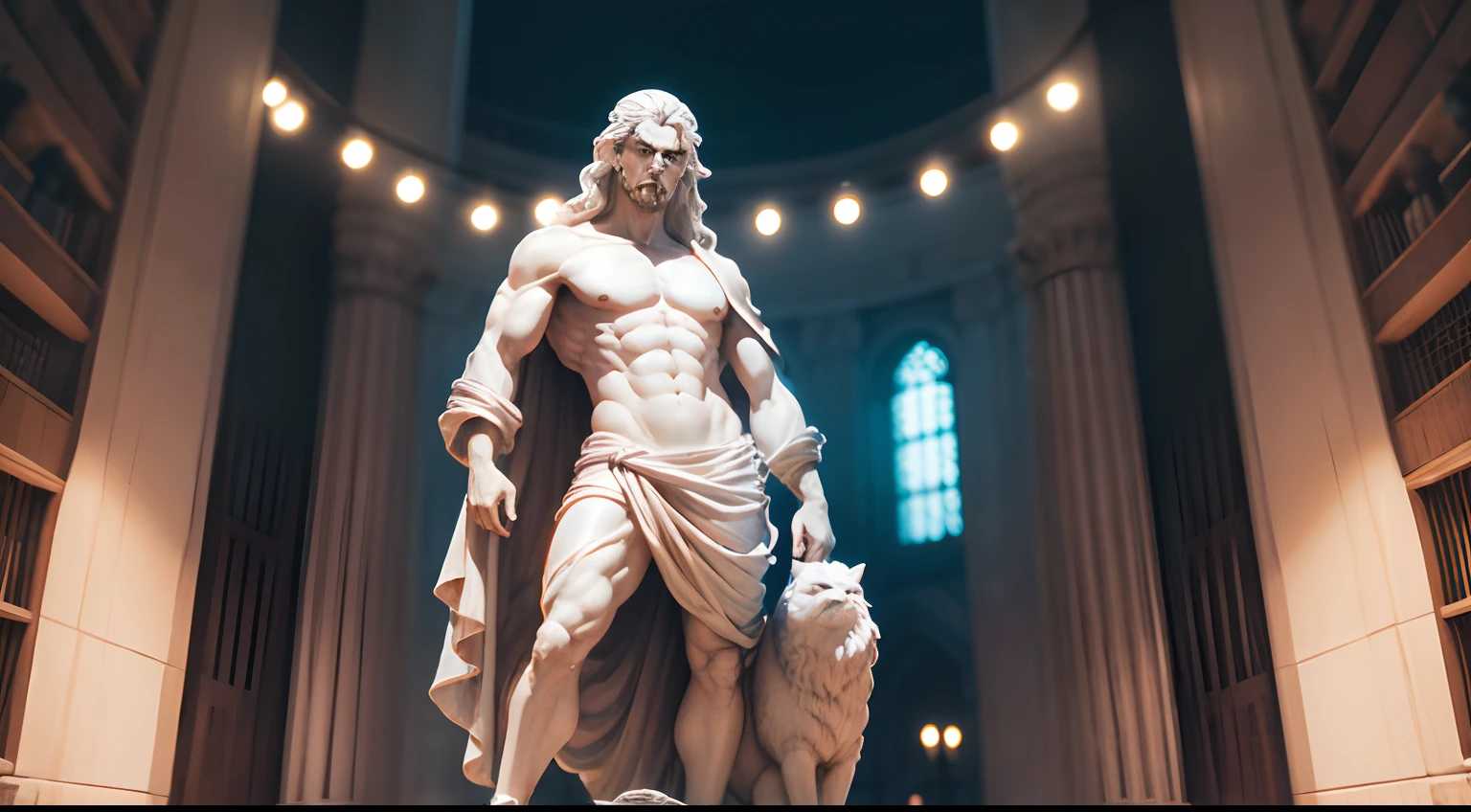 Stoic statue, with an expression of anger, usando manto e tunica longo sobre todo o corpo, Noite escura, ao ceu aberto, 35 mm, lateralmente, Filmado em Sony A7S III com Sony FE 35mm f/1.8, 12.1 MP, --AR 3:2 --estilo cru