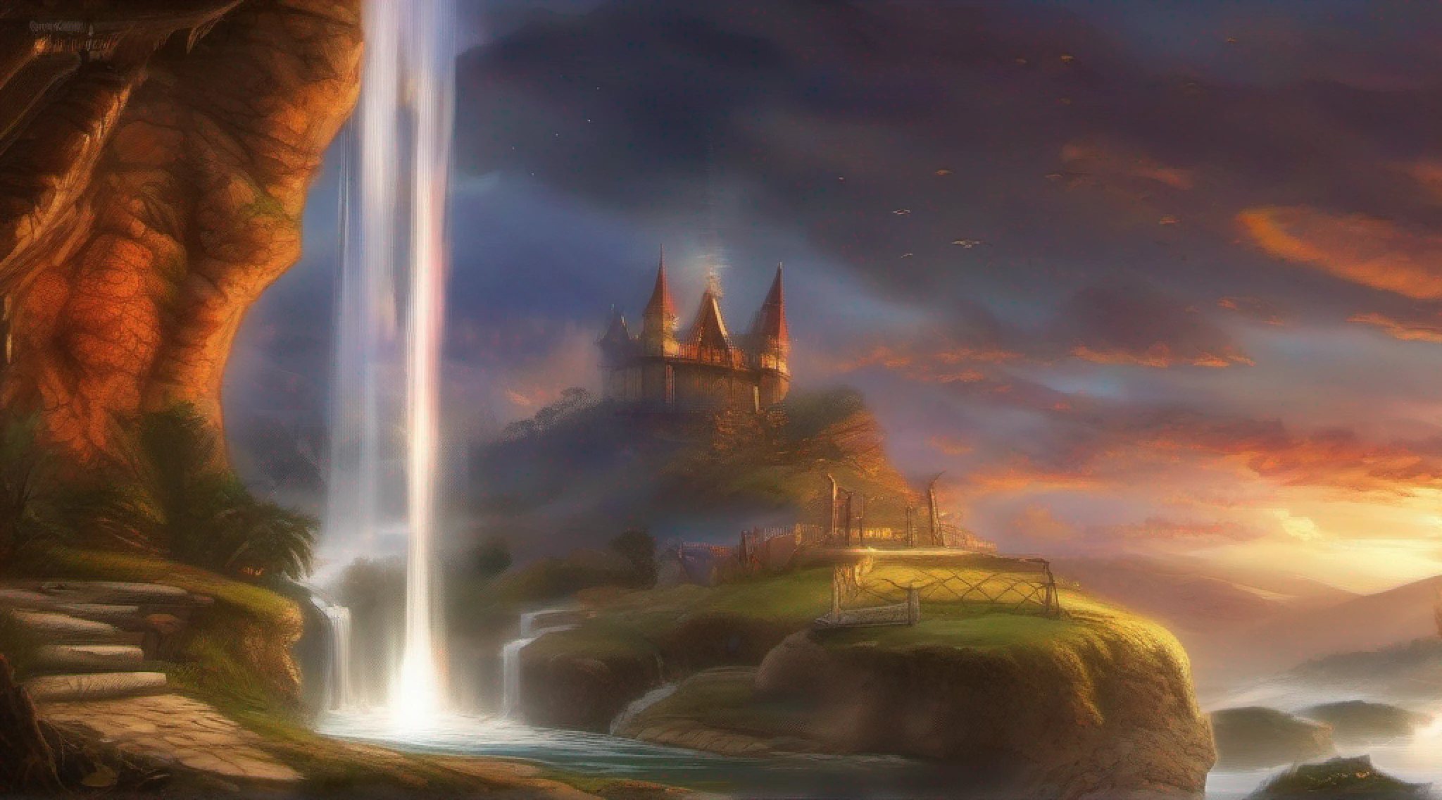 Uma imagem cativante de um item incomum, representing a vivid, imagem incomum do objeto sob a luz do sol. The blade of the sword is bright and vibrant, criando um ambiente acolhedor, Ethereal glow on the stone floor. A fiery mane twirls gracefully around the blade, mostrando seu poder. In the background, a small waterfall of waterfalls, fundindo um quente, brilho dourado em cena. Ampla abertura, Pouca luz, macro