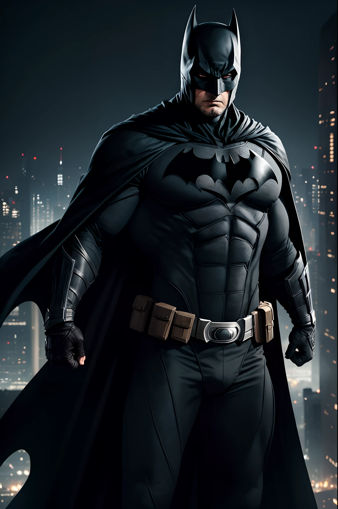 Ben Aflek as Batman, dark bodysuit with gray details, long dark cape, black gauntlet, dark belt, black Batman simble on chest, Gothan City as background, at night, 64 K detailed image