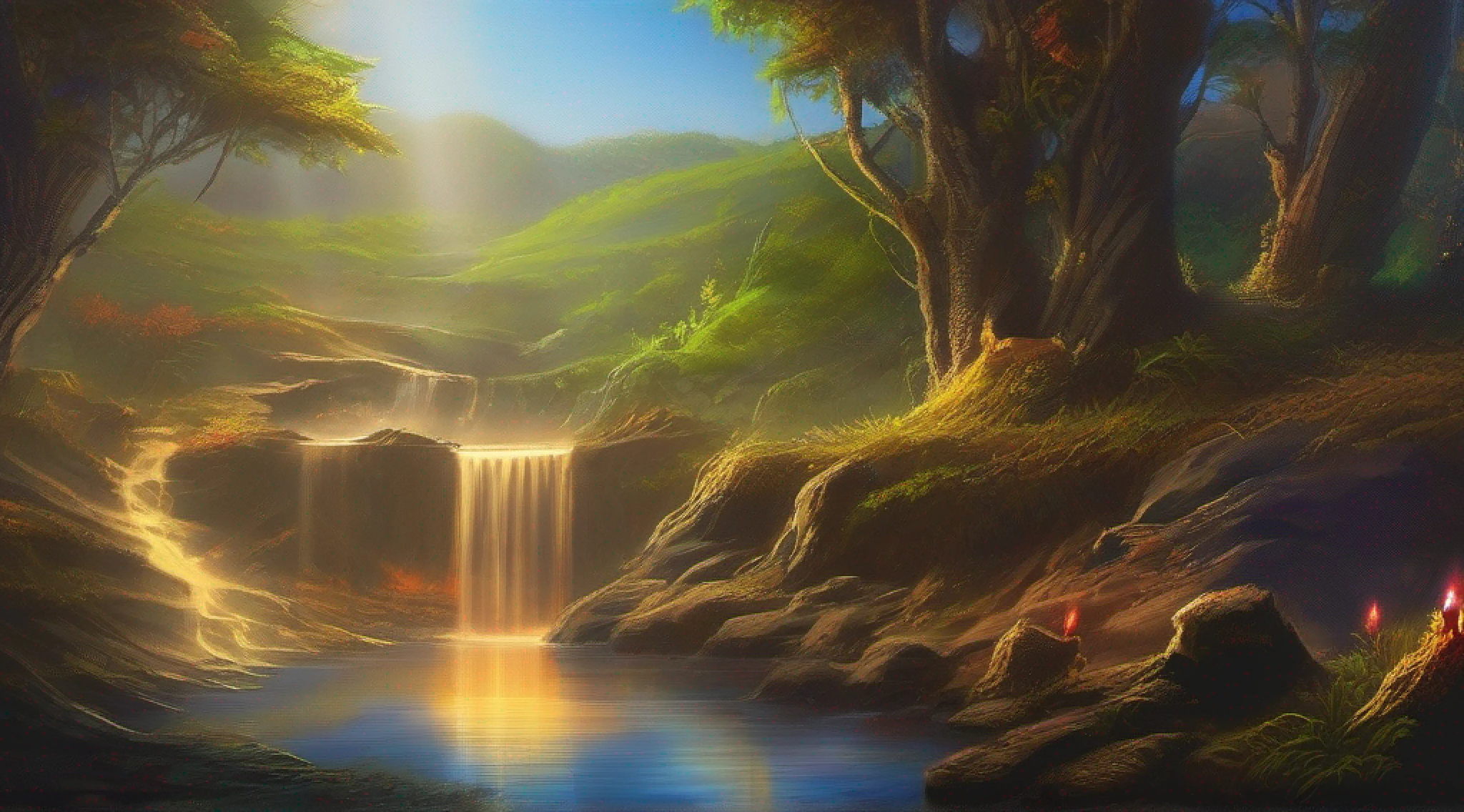 Uma imagem cativante de um item incomum, representing a vivid, imagem incomum do objeto sob a luz do sol. The blade of the sword is bright and vibrant, criando um ambiente acolhedor, Ethereal glow on the stone floor. A fiery mane twirls gracefully around the blade, mostrando seu poder. In the background, a small waterfall of waterfalls, fundindo um quente, brilho dourado em cena. Ampla abertura, Pouca luz, macro