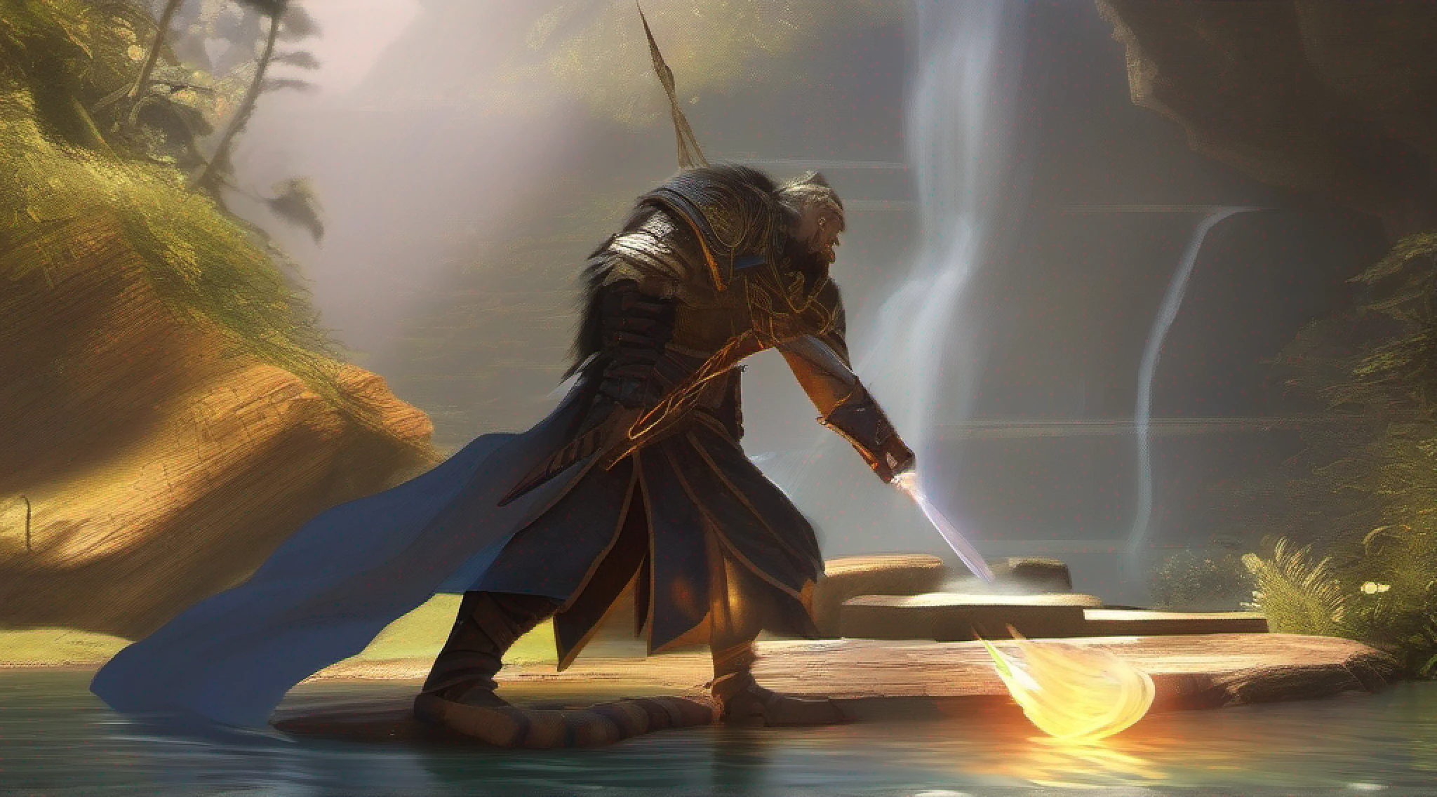 Uma imagem cativante de um item incomum, representing a vivid, imagem incomum do objeto sob a luz do sol. The blade of the sword is bright and vibrant, criando um ambiente acolhedor, Ethereal glow on the stone floor. A fiery mane twirls gracefully around the blade, mostrando seu poder. In the background, a small waterfall of waterfalls, fundindo um quente, brilho dourado em cena. Ampla abertura, Pouca luz, macro