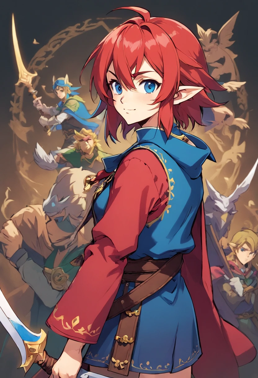 red-short-haired man, with one blue eye and the other eye closed with a scar, he has faded beard, he wears a long red jacket, like a Bloodborne hunter, on his back he carries a greatsword, he has a prosthetic left arm like Guts, He is facing creatures of the night like a vampire hunter, 80s anime still, retro fashion, dungeon and dragons character dark fantasy digital art muted pastel colors, muted retro colors, CRT tv display by Tsukasa Hojo and Toshihiro Kawamoto -
