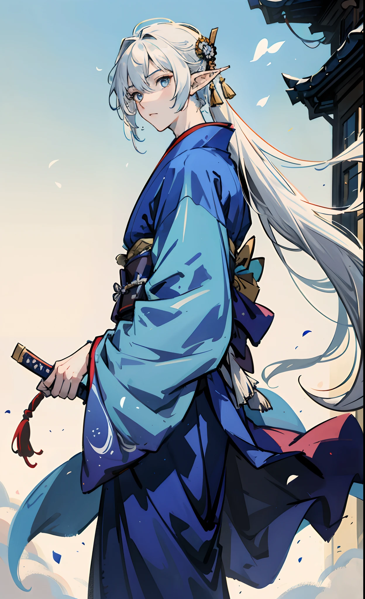 Beautiful, fantasy, sky blue radiant, white samurai hair, boy, half elf, kimono,