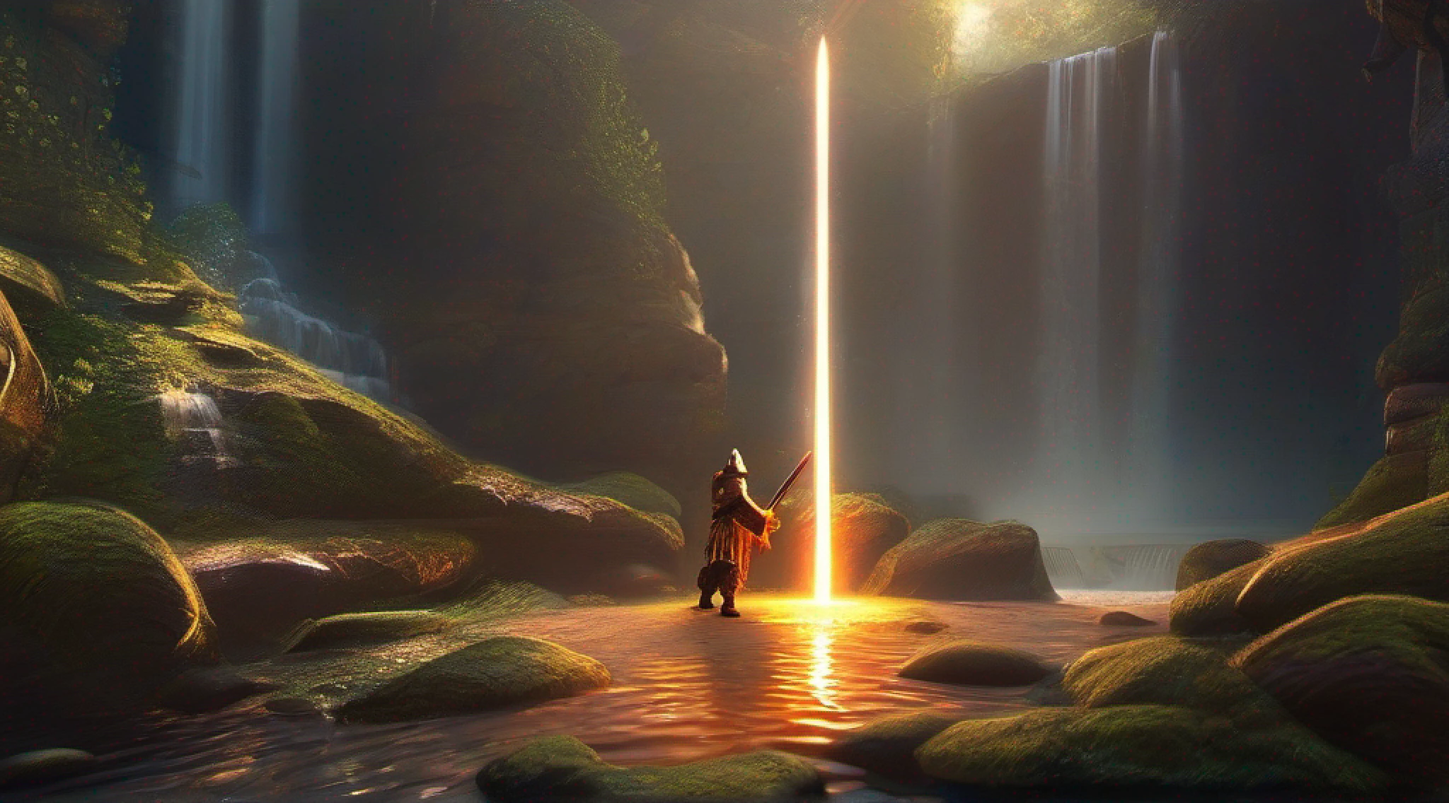 Uma imagem cativante de um item incomum, representing a vivid, imagem incomum do objeto sob a luz do sol. The blade of the sword is bright and vibrant, criando um ambiente acolhedor, Ethereal glow on the stone floor. A fiery mane twirls gracefully around the blade, mostrando seu poder. In the background, a small waterfall of waterfalls, fundindo um quente, brilho dourado em cena. Ampla abertura, Pouca luz, macro