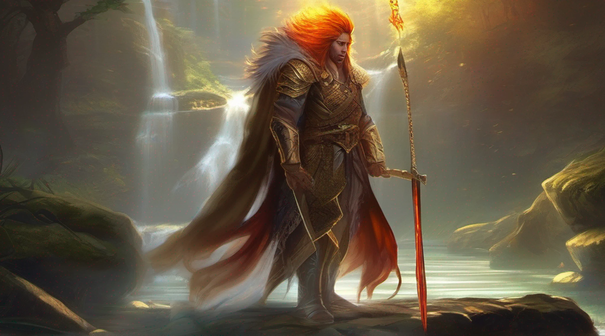 Uma imagem cativante de um item incomum, representing a vivid, imagem incomum do objeto sob a luz do sol. The blade of the sword is bright and vibrant, criando um ambiente acolhedor, Ethereal glow on the stone floor. A fiery mane twirls gracefully around the blade, mostrando seu poder. In the background, a small waterfall of waterfalls, fundindo um quente, brilho dourado em cena. Ampla abertura, Pouca luz, macro