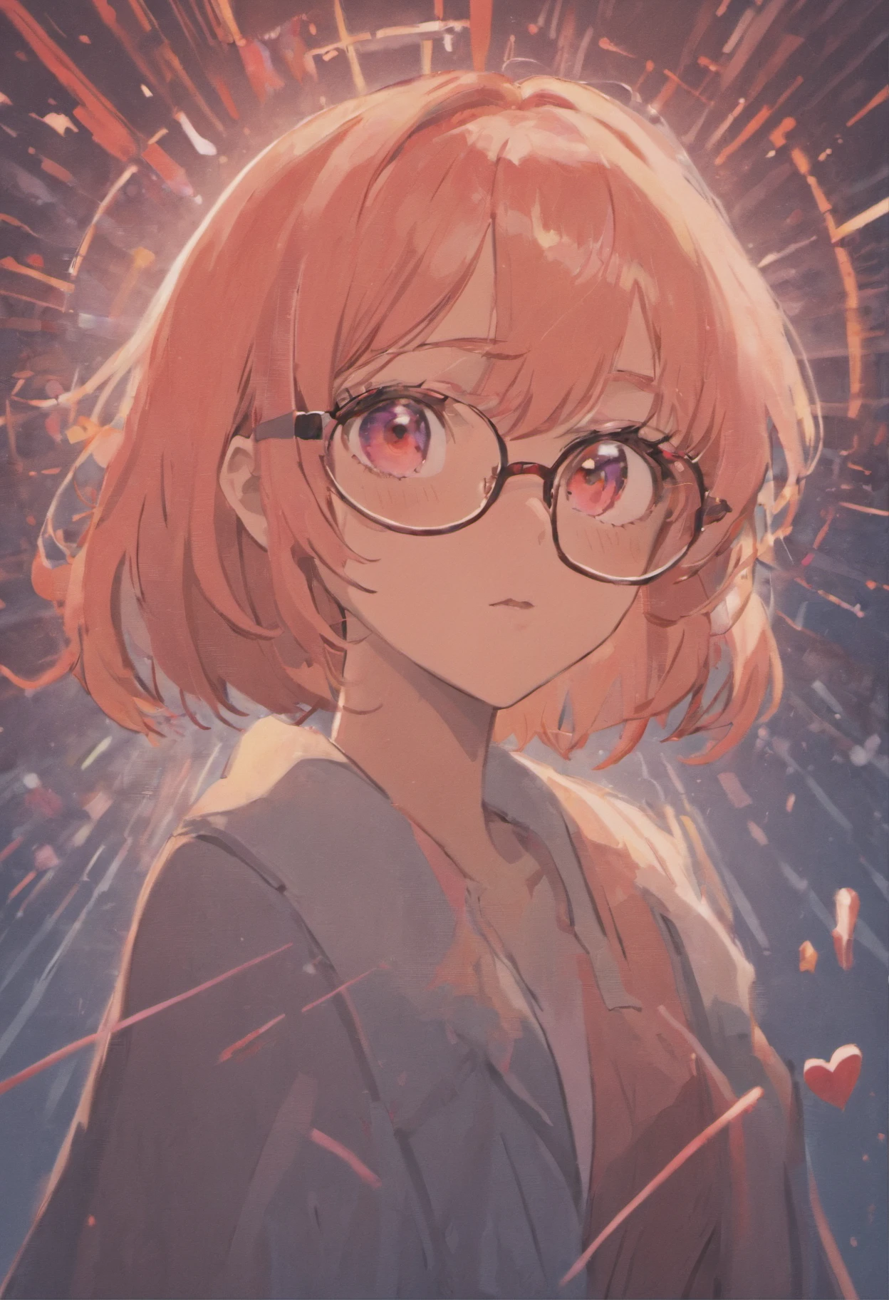 There is a woman with glasses and a necklace with a heart, inspirado por Ion Andreescu, inspirado em Elsa Bleda, No Estillo Petra Collins, Simsbo, wear prescription glasses, thick glasses, cabelos longos e molhados pingando, with square glasses, thick, red lips, solo portrait 🎨🖌️,Vento do porto