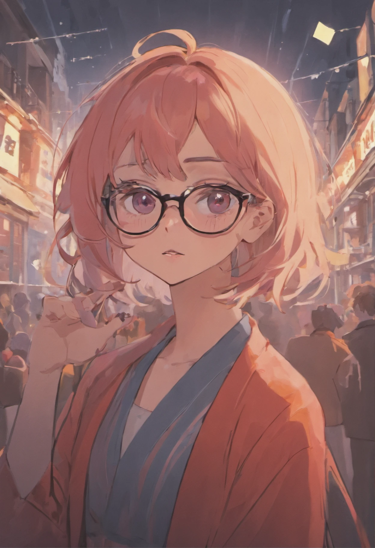 There is a woman with glasses and a necklace with a heart, inspirado por Ion Andreescu, inspirado em Elsa Bleda, No Estillo Petra Collins, Simsbo, wear prescription glasses, thick glasses, cabelos longos e molhados pingando, with square glasses, thick, red lips, solo portrait 🎨🖌️,Vento do porto