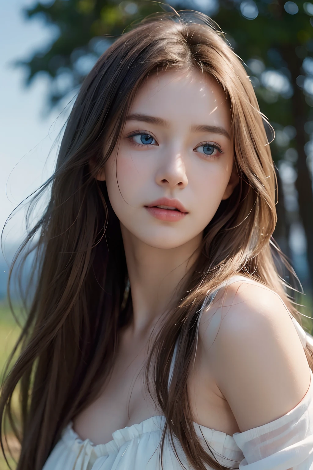 (best quality,ultra-detailed,realistic:1.37),portrait,soft lighting,light breeze,natural beauty,feminine charm,vivid colors,long flowing hair,flawless skin,piercing blue eyes,sweet,innocent expression,simple but elegant dress,nature backdrop,subtle makeup,graceful pose,confidence,subtle beauty,celebrating female beauty,pure and radiant,ethereal presence