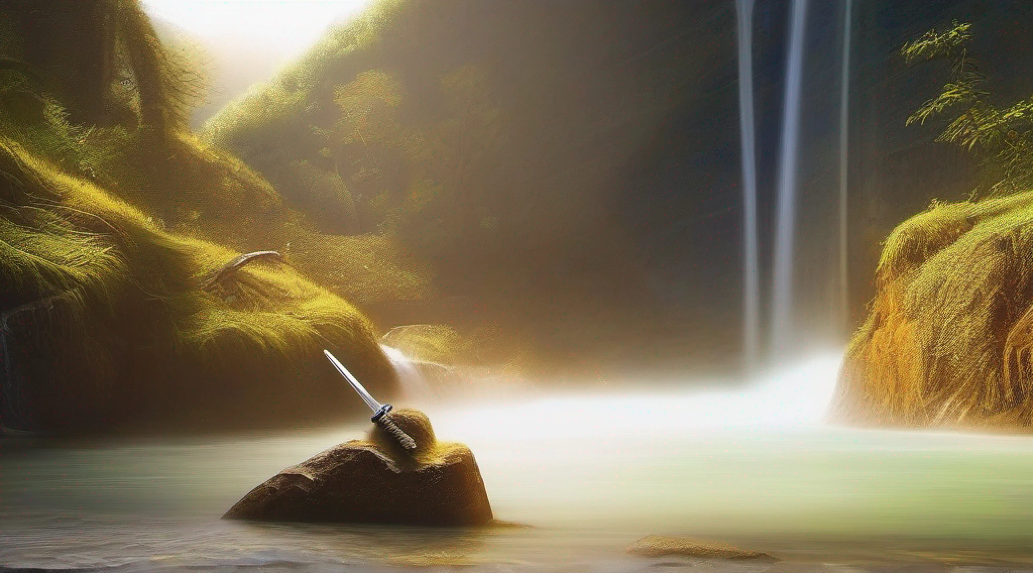 Uma imagem cativante de um item incomum, representing a vivid, imagem incomum do objeto sob a luz do sol. The blade of the sword is bright and vibrant, criando um ambiente acolhedor, Ethereal glow on the stone floor. A fiery mane twirls gracefully around the blade, mostrando seu poder. In the background, a small waterfall of waterfalls, fundindo um quente, brilho dourado em cena. Ampla abertura, Pouca luz, macro